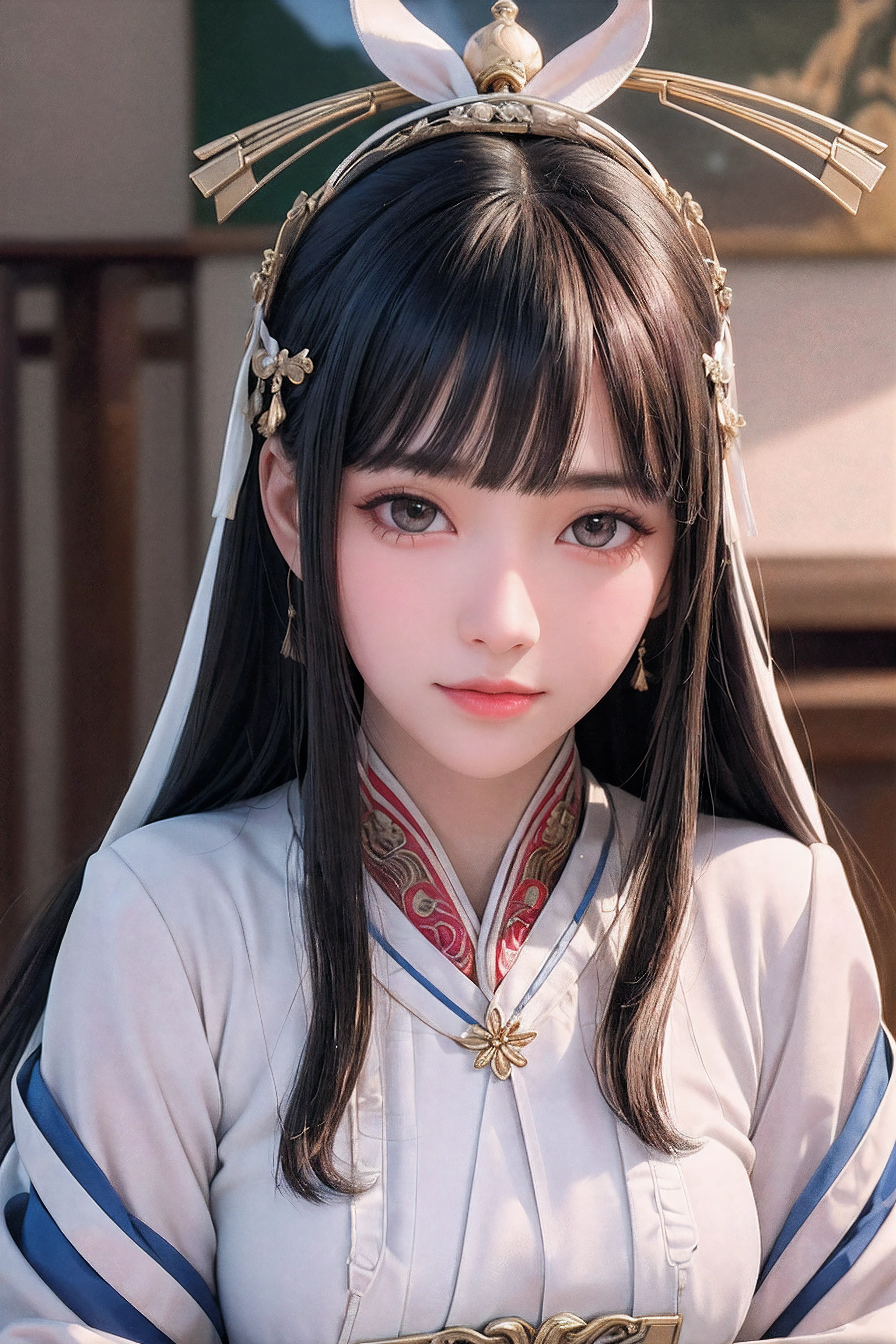 close up on face， Ultra-fine face，femele， China-style， Ancient wind，Hanfu， Sit Pose， long whitr hair， Delicate clothing patterns， ellegance， opulent， ellegance， ssmile，Skysky， Ribbons，Sense of brokenness， ruri， Buble， Double up braid， Hairline， slanted bangs， shairband， hair adornments，glitters， cinmatic lighting，  hyper HD， A high resolution， best qualtiy， 8K， high detal， high qulity， super detailing， anatomy correct， tmasterpiece， ccurate，plump，landscape painting，screen