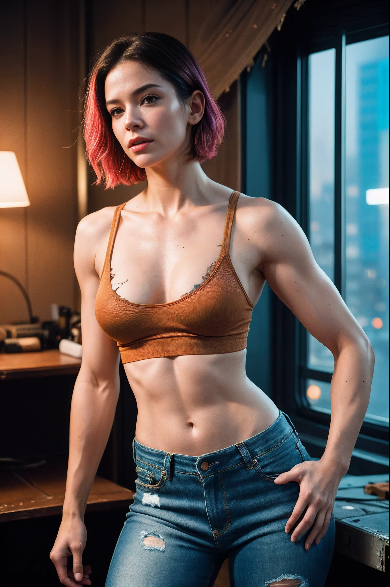 Masterpiece, a beautiful female mech pilot, (Alyssa Sutherland:Janeane Garofalo:0.5), (cyberpunk apartment interior background), tight tshirt, tight jeans, (small breasts), strong muscular body, short filthy hair, undercut, legs, (torn clothing), cyberpunk, (skin texture:1.1), best quality, ultra high res, (photorealistic: 1.4), Raw photo, by Ellen von Unwerth, Nikon D850 Film Stock Photography, F1.6 Lens, Rich Colors, Realistic, Cinestill 800, backlight, rimlighting, studiolighting