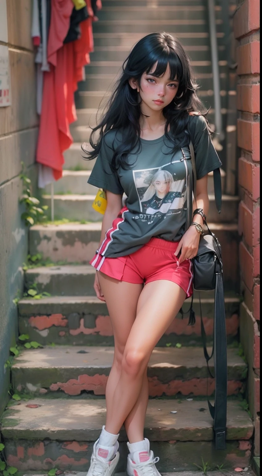 a beautiful woman with straight black hair, Brazil T-shirt number 10, pink panties, red sneakers and purple eyes;