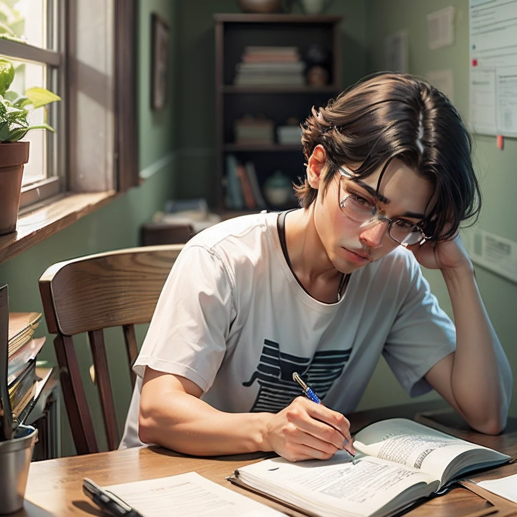 The setting takes place in a quiet and organized room. The table where the boy is sitting is a wooden desk, posicionada junto a uma parede branca. A table lamp with a soft light is lit, directing the proper lighting to the study space. O garoto, com cerca de , is sitting in an ergonomic chair, with your feet firmly resting on the ground. He wears comfortable clothes, like a t-shirt and pants, and her hair is combed in a simple way. His facial expression is serious and focused, indicating that he is fully immersed in the study. Na frente do garoto, there's a laptop open and working. The monitor displays a page from a learning application or an educational website, with graphics, text and exercises related to the topic he is studying. O garoto usa um teclado e um mouse para interagir com o computador, making notes in a notebook next to it as you progress through the material. Sobre a mesa, there are some textbooks stacked, a notepad with colored pens and a glass of water to stay hydrated during the study. A wall clock on the opposite wall marks time, lembrando-o de administrar seu tempo de estudo de maneira eficiente. The room is quiet, com apenas o som suave do teclado do computador e o ocasional zumbido do ventilador do laptop. The window curtains are partially closed, filtrando a luz natural que entra, creating a pleasant and conducive atmosphere for concentration. --auto --s2