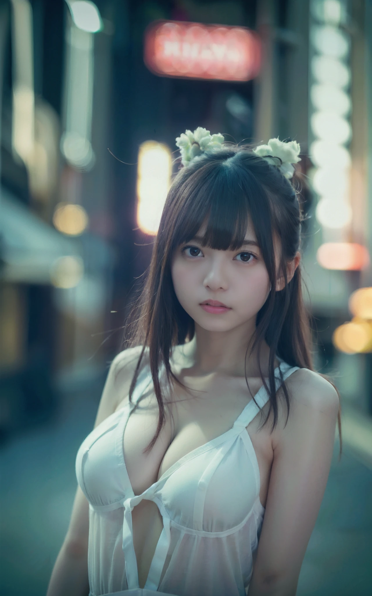 NSFW、1人、on tokyo street、A city scape、Downtown at night、neons、The signboard is dazzling、The upper part of the body、a closeup、a smile、、(8K、Raw photography、top-quality、masterpiece:1.2)、(realisitic、photoRealstic:1.37)、Highly detailed eyelash drawing、(((Top image quality))),Colossal tits、slender。Fine skin, (Beautiful hair), (Perfect Anatomy), (Realistic),Sensual look、top-quality、hight resolution、(((full bodyesbian)))、Denim tight shorts、Short T-shirt with a visible stomach、(high-heels)