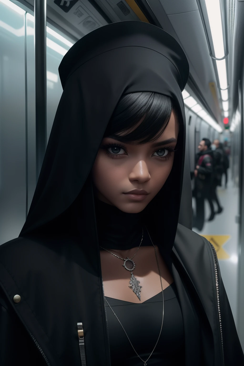 Araffes on a subway train with a man in a black outfit, inspirado em Hedi Xandt, tomada em 2 0 2 0, in a subway, Maxim Sukharev, Cyberpunk))), roupa intrigante, Anton Fadeev 8 K, na cidade, Directed by: Hedi Xandt, 1614572159 simetria, um rei preto em correntes de ouro e voltado apenas para a frente, brilho, preto e branco, fundo branco, sem fundo, linha fina de tinta estilizada, vetor, desenho de tatuagem, African pattern hair