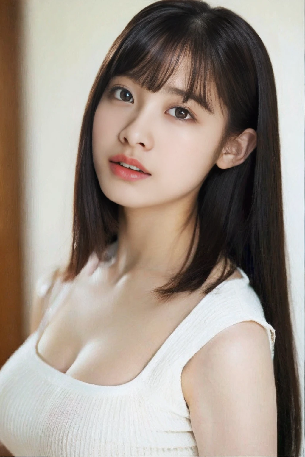 (Best Quality:1.2, 8K, Sharp Focus, master piece: 1.2, Cinematic Light, extremely details CG, beautiful Girl, reality, Detailed face textures, Realistic skin, beautiful makeup, Detailed bangs)), (depth of fields), Bokeh background, Head tilt, Smile, closes mouth, shiny black long hair, Cowboy Shot, white bare top mini dress, jacket off shoulder, wind