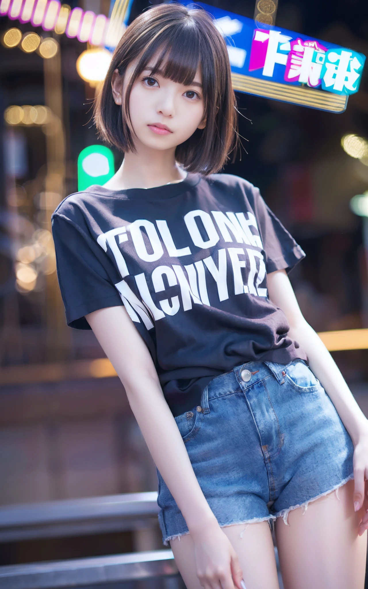 NSFW、1人、on tokyo street、A city scape、Downtown at night、neons、The signboard is dazzling、The upper part of the body、a closeup、a smile、、(8K、Raw photography、top-quality、masterpiece:1.2)、(realisitic、photoRealstic:1.37)、Highly detailed eyelash drawing、(((Top image quality))),Colossal tits、slender。Fine skin, (Beautiful hair), (Perfect Anatomy), (Realistic),Sensual look、top-quality、hight resolution、(((full bodyesbian)))、Denim tight shorts、Short T-shirt with a visible stomach、(high-heels)