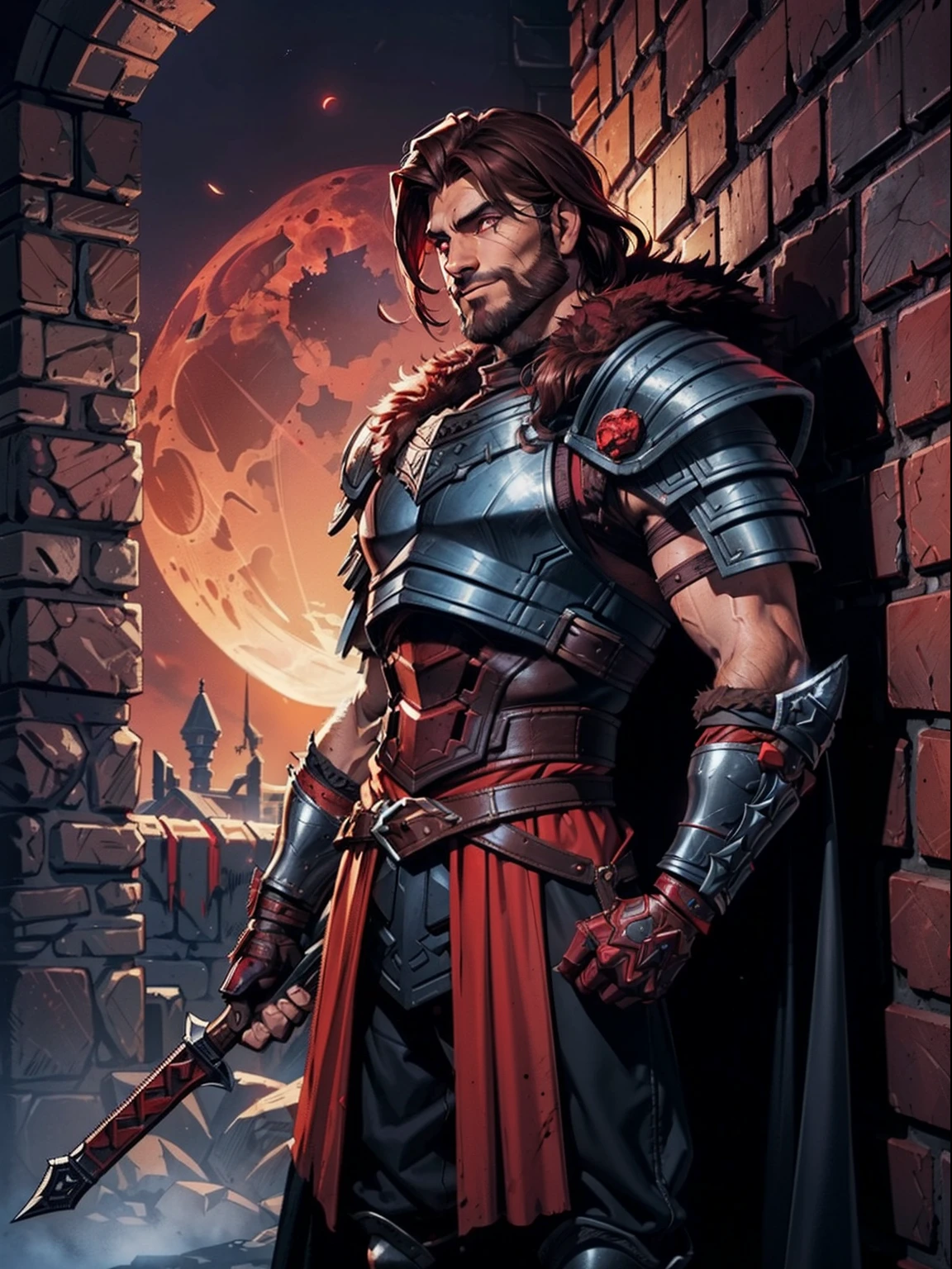 Dark night blood moon background, Darkest Dungeon style, standing by the wall. Todd Smith as Ares from Xena, athlete, handsome, short mane hair, mullet, defined face, detailed eyes, short beard, glowing red eyes, brown hair, wily smile, badass, dangerous. Wearing full red armor with scales, cape of furs.