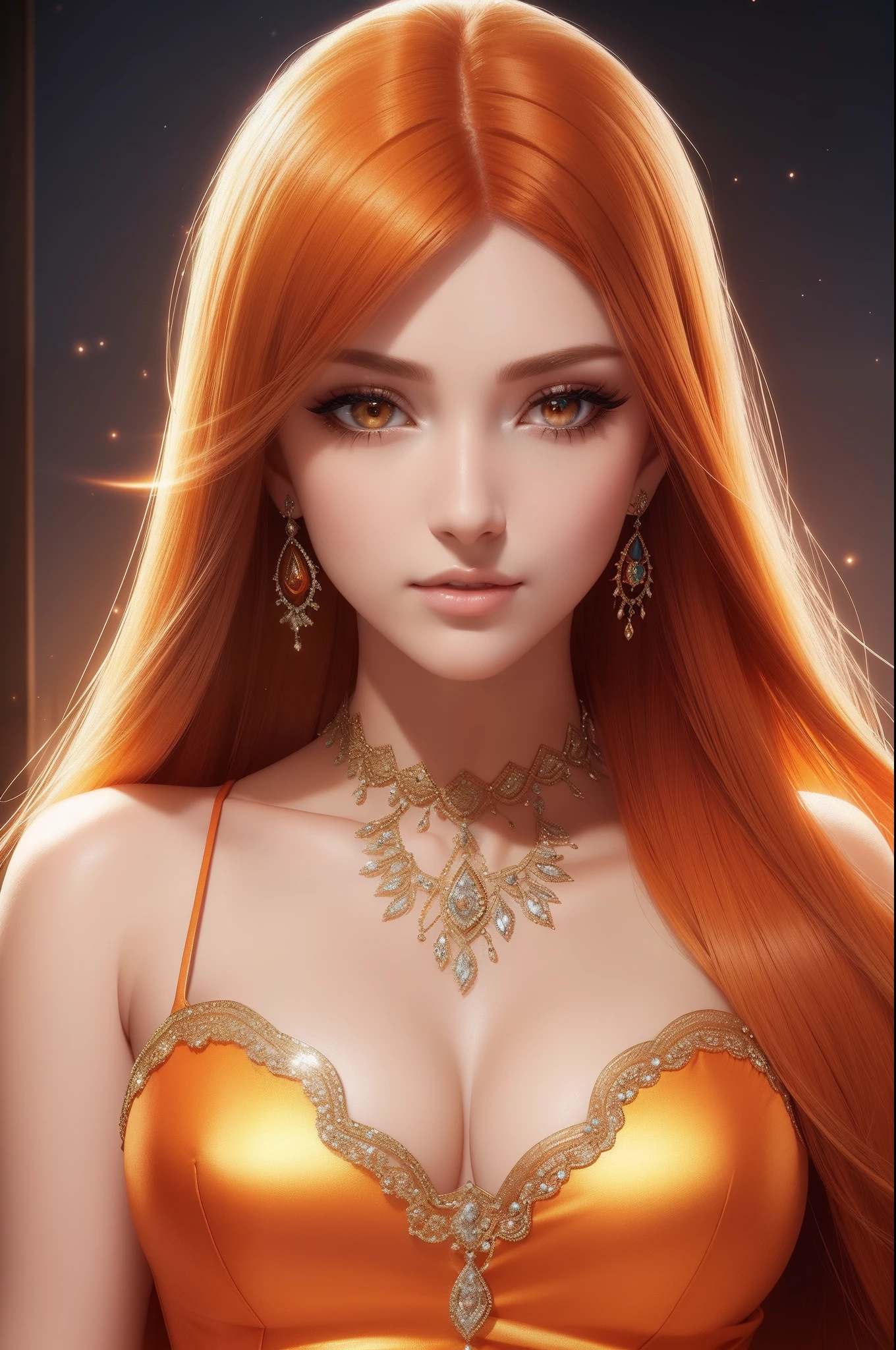 ultra detailed beautiful woman, 25 years-old woman, stunningly beautiful, orange hair, orange dress, orange eyes, her whole head is visible with hair, orange jewel necklace, earrings, orange eyeshadow visible on her eyelids and eyeliner on her eyes, very long eyelashes, stuningly beautiful face, focus on face, holographic, light particles, ultra detailed illustration, hit definition, very bold and vivid colors, 32k resolution, best quality, volumetric lighting, “best quality”, “masterpiece", half of her body is visible, top of her dress is visible, ultra realistic, high-quality detail