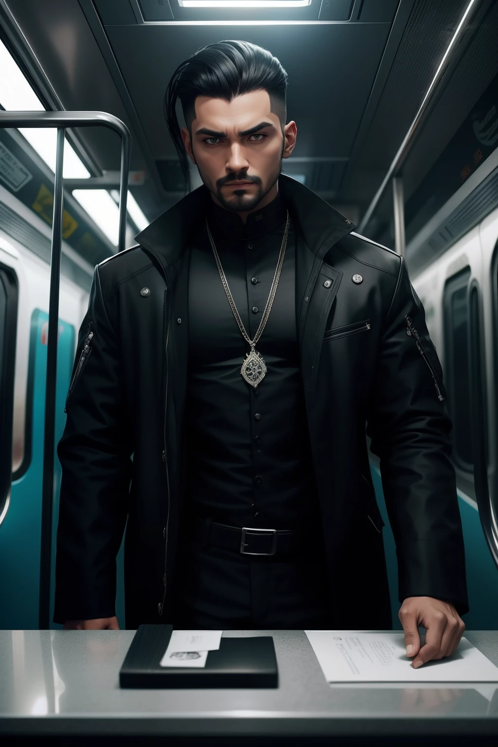 Araffes on a subway train with a man in a black outfit, inspirado em Hedi Xandt, tomada em 2 0 2 0, in a subway, Maxim Sukharev, Cyberpunk))), roupa intrigante, Anton Fadeev 8 K, na cidade, Directed by: Hedi Xandt, 1614572159 simetria, um rei preto em correntes de ouro e voltado apenas para a frente, brilho, preto e branco, fundo branco, sem fundo, linha fina de tinta estilizada, vetor, desenho de tatuagem, African pattern hair