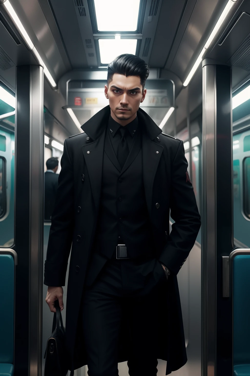 Araffes on a subway train with a man in a black outfit, inspirado em Hedi Xandt, tomada em 2 0 2 0, in a subway, Maxim Sukharev, Cyberpunk))), roupa intrigante, Anton Fadeev 8 K, na cidade, Directed by: Hedi Xandt, 1614572159