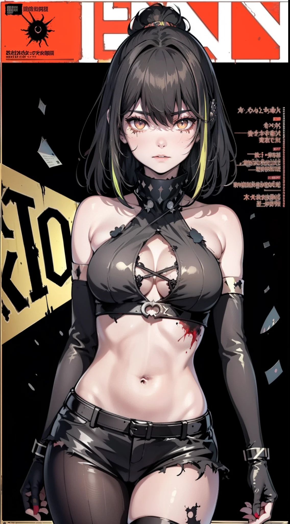 1girl,excellent lighting, sidelighting,(curvy:1.2),(Highest picture quality), (Master's work), (Detailed eye description), (8K wallpaper),(Detailed face description),(flat color:1.3),(magazine_cover:1.4),origin, 1girl, ponytail,solo, mechanical arms, long hair, breasts, looking at viewer,(multicolored_background:1.3),striped_background,card_background,mixed-language_text,dvd_cover,cover page,looking at viewer,full body, industrial_pipe,rust,(warning sign:1.2), (caution tape:1.3), (expressionless),midriff,beautiful detailed collarbone, ((masterpiece)), (((best quality))),((beautiful detailed eyes)),(eyelash),1 girl,Shiny skin,oil,small breast,short hair,white hair,Dark eyes,Bloody Scar,Fallen Angel,Satan,Demon God,blood eyes,Bloody Body,extremely detailed CG unity 8k wallpaper,masterpiece, ((ultra-detailed)), ((illustration)),colorful,wallpaper,despair,Crying Dead,Rotten Corpses,Unknown terror,death,Pride,Wrath,Sloth,Greed,Envy,Gluttony,Lust,Wings of Six Fallen Angels,Unspeakable terror,black sun,black hole,Antireligious,cross,Do not touch,serious ,((best quality)),(((((masterpiece))))),Amazing,extremely detailed CG unity 8K wallpaper,highly detailed, finely detail,ultra detailed,(((doujinshi))),artbook,shining ,Delicate face,beautiful detailed sky,cinematic lighting,cinematic shadow,dramatic angle,depth of field,lens_flare,light_rays,light_particles