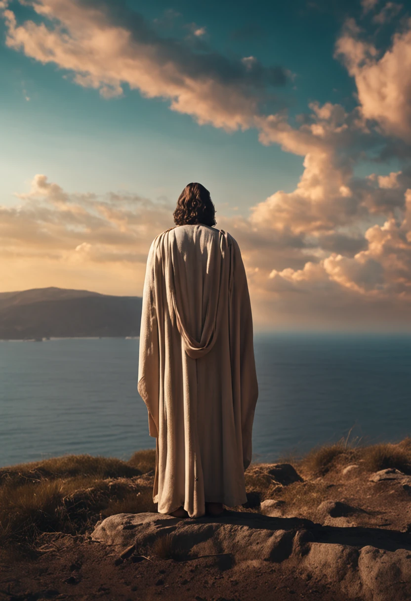 face of Jesus Christ looking to the camera with a halo and the sea in the background