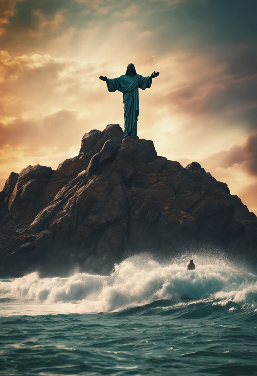 face of Jesus Christ looking to the camera with a halo and the sea in the background