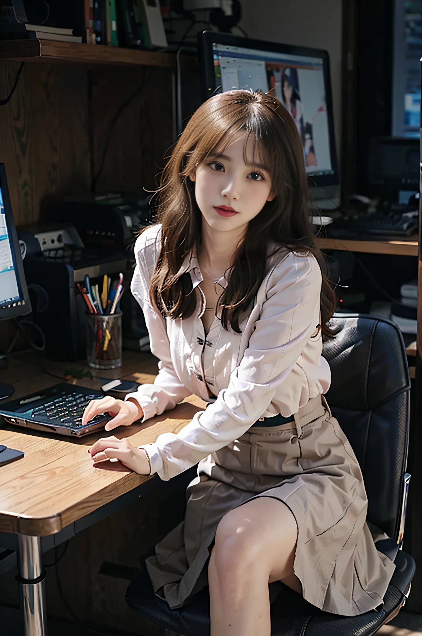 A woman was sitting in front of a computer desk.，Take a look at your computer，Downview，Downview，4/Three aspects，Side with keyboard, Realistic art style, digital anime illustration, Realistic anime art style, Photorealistic Art Style, digital anime art, realistic anime 3 d style, realism artstyle, cartoon digital painting, Realistic Schoolgirl, digital character illustration, Anime Realism Style, realistic young anime girl, digital cartoon painting art, digital manga art