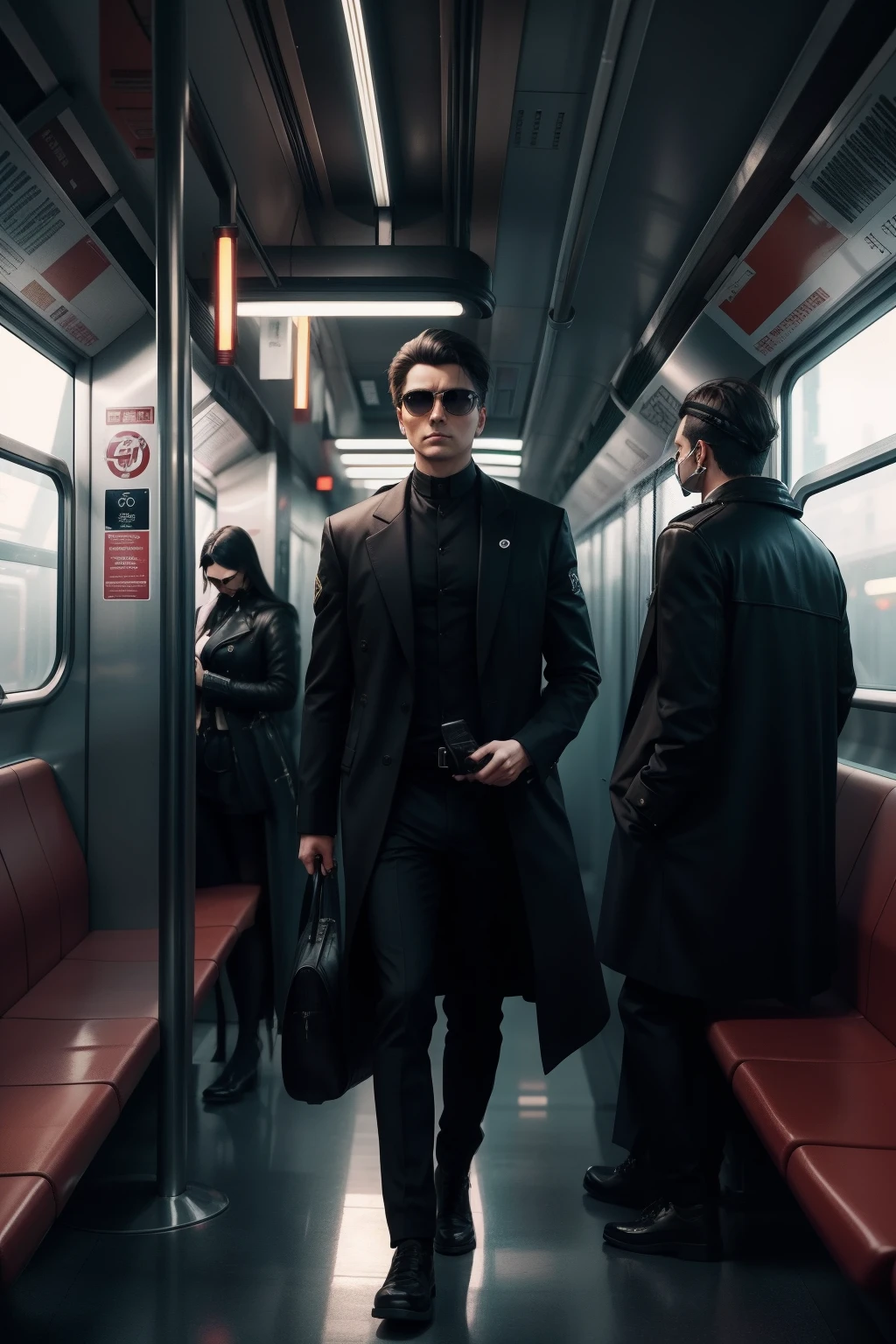 Araffes on a subway train with a man in a black outfit, inspirado em Hedi Xandt, tomada em 2 0 2 0, in a subway, Maxim Sukharev, Cyberpunk))), roupa intrigante, Anton Fadeev 8 K, na cidade, Directed by: Hedi Xandt, 1614572159