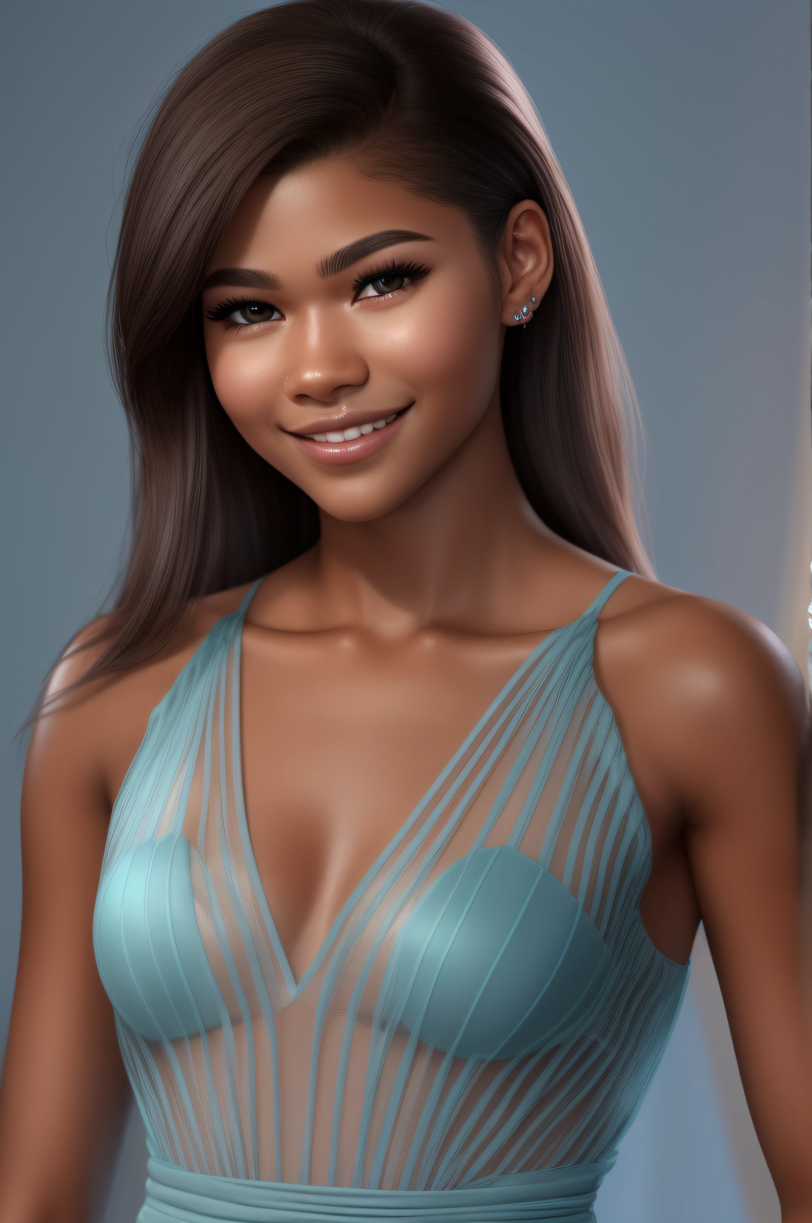 The full body of a naked Zendaya, American, 25 years old, dark ebony skin, very dark nippels, brown eyes, delicate nose, soft and delicate lips, dark brown hair, ultra-realistic HD photorealistic highly rendered engaging smile, dressed in an Ice blue 98% see-through truly short deep cut dress.The full body of a naked Zendaya, American, 25 years old, ebony skin, brown eyes, delicate nose, soft and delicate lips, dark brown hair, ultra-realistic HD photorealistic highly rendered engaging smile, dressed in an Ice blue 90% see-through truly short deep cut dress.