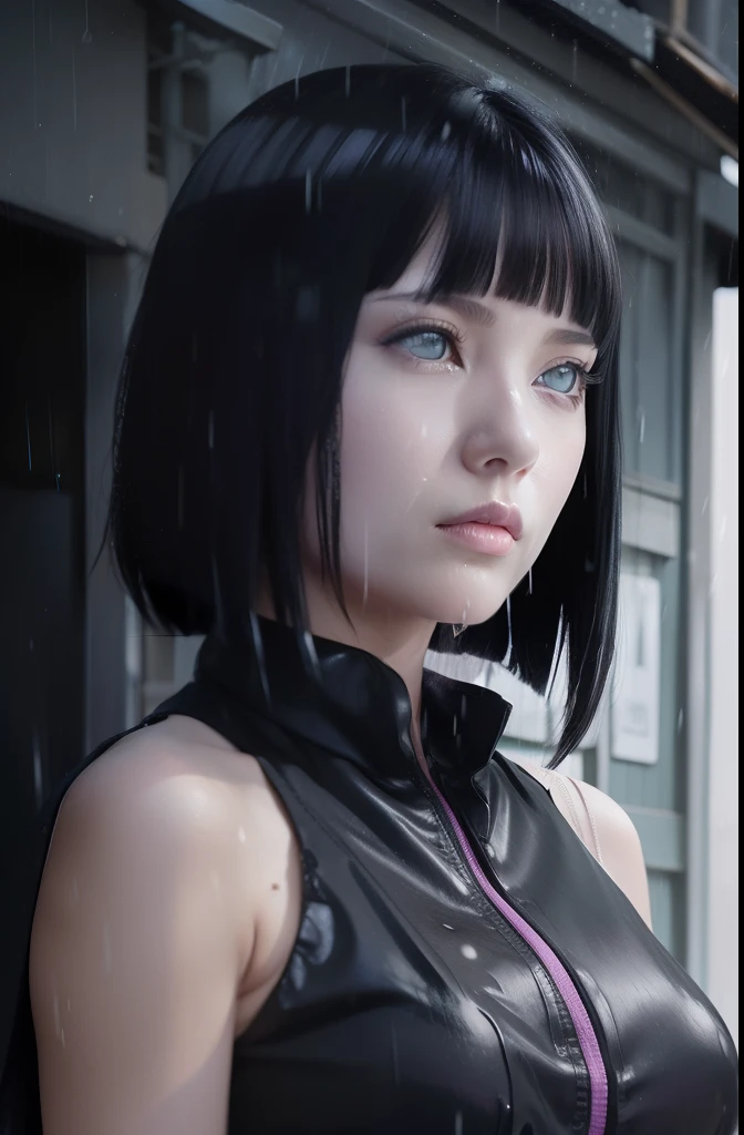 Hinata hyuga A woman standing in the alley. At night. In the rain. She was seen wearing a sleeveless black shirt. The dress looked so tight that her breasts would trace. She had short blue hair. Unraveling not tied down. With bangs in front. He had a white as snow. With rosy cheeks and pink lips. He looked straight ahead. With a body wet in the rain. She's so pretty and realistic