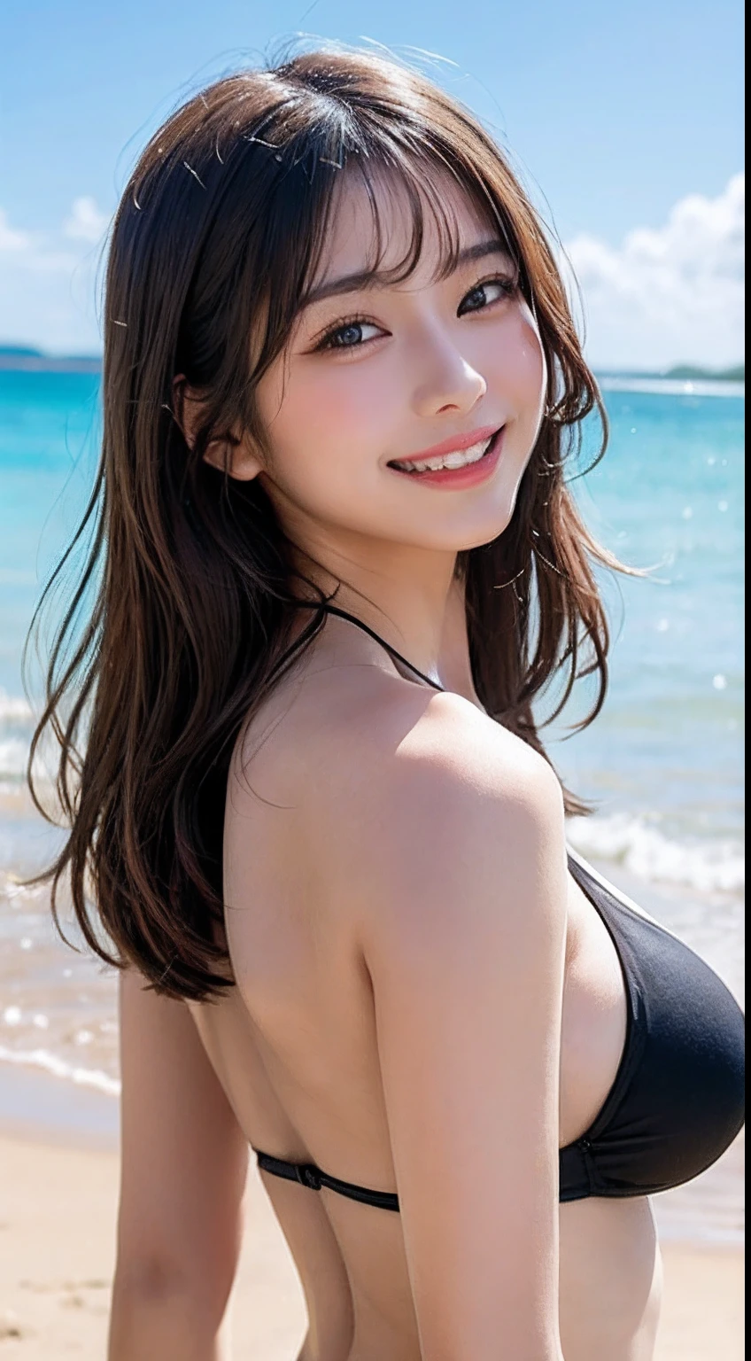 masutepiece, Best Quality, Illustration, Ultra-detailed, finely detail, hight resolution, 8K Wallpaper, Perfect dynamic composition, Beautiful detailed eyes, Bandeau Bikini, Natural Color Lip,Beach, Random and cute poses, flowing bangs,cleavage of the breast, Smile Face,wet body, wet hair