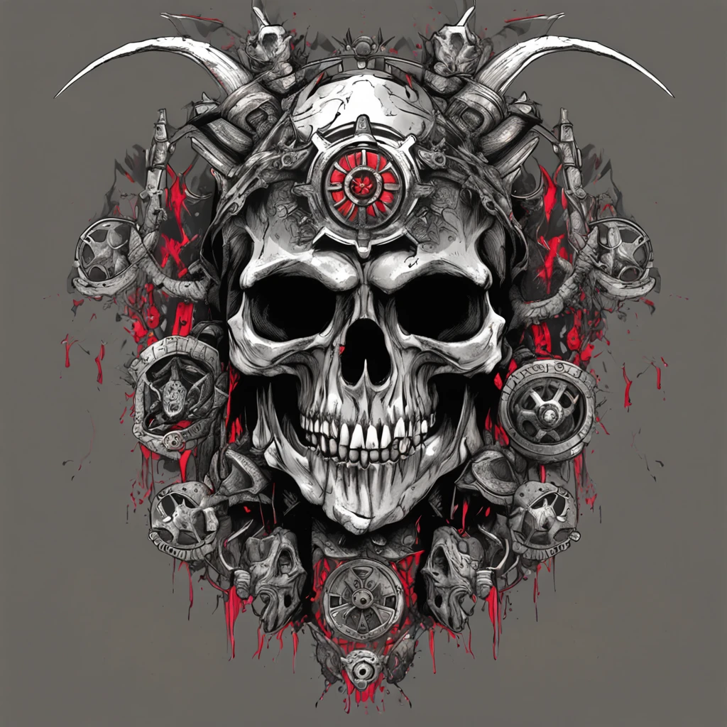 a skull with horns and a crown on it's head, highly detailed dark art, fantasy skull, dark but detailed digital art, adorned with demon skulls, skull design for a rock band, heavy metal tshirt design, of spiked gears of war skulls, heavy metal art style, scary detailed art in color, metal skull with red eyes, brutal blooded symmetrical face