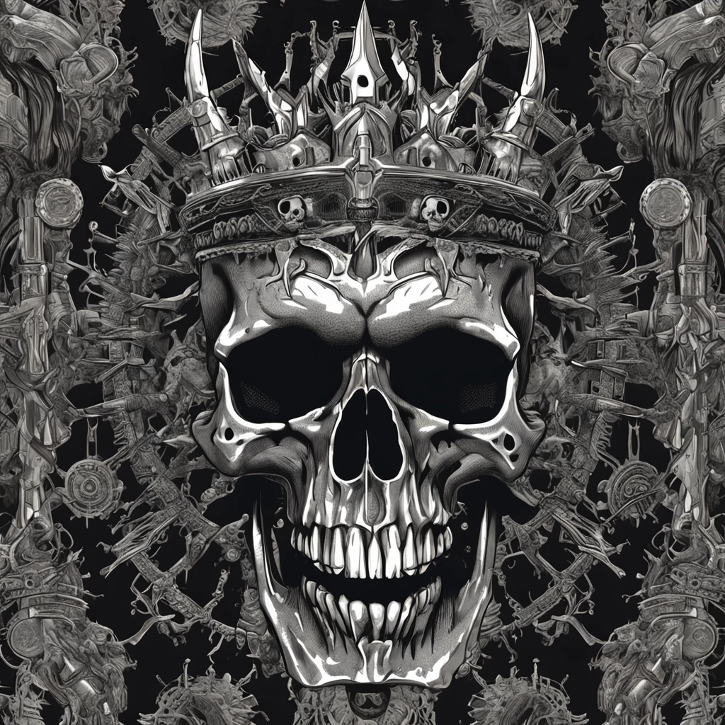 a skull with horns and a crown on it's head, highly detailed dark art, fantasy skull, dark but detailed digital art, adorned with demon skulls, skull design for a rock band, heavy metal tshirt design, of spiked gears of war skulls, heavy metal art style, scary detailed art in color, metal skull with red eyes, brutal blooded symmetrical face