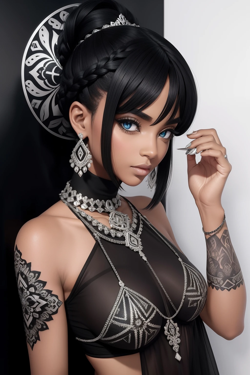 simetria, um rei preto em correntes de ouro e voltado apenas para a frente, brilho, preto e branco, fundo branco, sem fundo, linha fina de tinta estilizada, vetor, desenho de tatuagem, African pattern hair