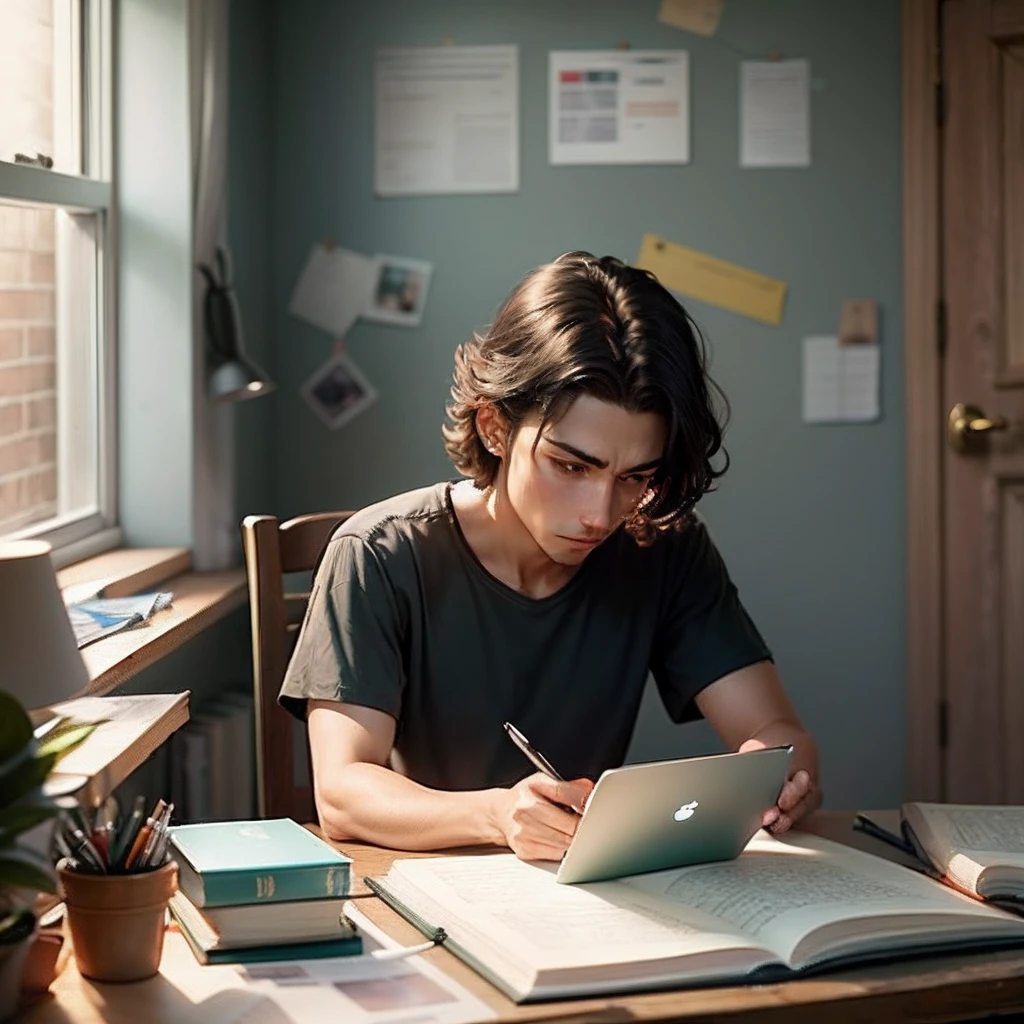 The setting takes place in a quiet and organized room. The table where the boy is sitting is a wooden desk, posicionada junto a uma parede branca. A table lamp with a soft light is lit, directing the proper lighting to the study space. O garoto, com cerca de , is sitting in an ergonomic chair, with your feet firmly resting on the ground. He wears comfortable clothes, like a t-shirt and pants, and her hair is combed in a simple way. His facial expression is serious and focused, indicating that he is fully immersed in the study. Na frente do garoto, there's a laptop open and working. The monitor displays a page from a learning application or an educational website, with graphics, text and exercises related to the topic he is studying. O garoto usa um teclado e um mouse para interagir com o computador, making notes in a notebook next to it as you progress through the material. Sobre a mesa, there are some textbooks stacked, a notepad with colored pens and a glass of water to stay hydrated during the study. A wall clock on the opposite wall marks time, lembrando-o de administrar seu tempo de estudo de maneira eficiente. The room is quiet, com apenas o som suave do teclado do computador e o ocasional zumbido do ventilador do laptop. The window curtains are partially closed, filtrando a luz natural que entra, creating a pleasant and conducive atmosphere for concentration. --auto --s2