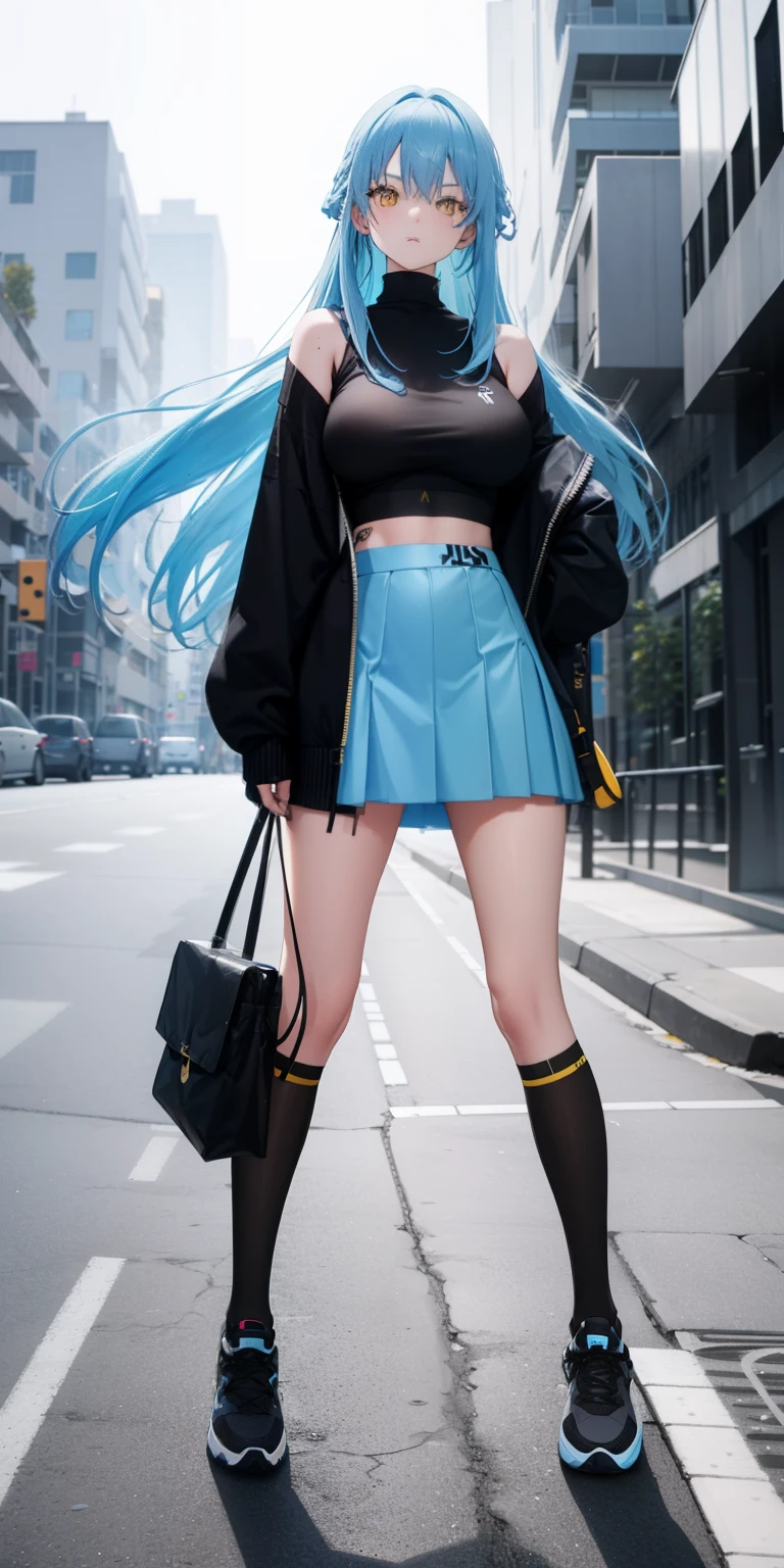 light blue hair, long hair, yellow eyes, twin, black sweater, black short skirt, big boobs, small tattoo, black sport shoes, black long stocking, building, looking at camera, close up camera