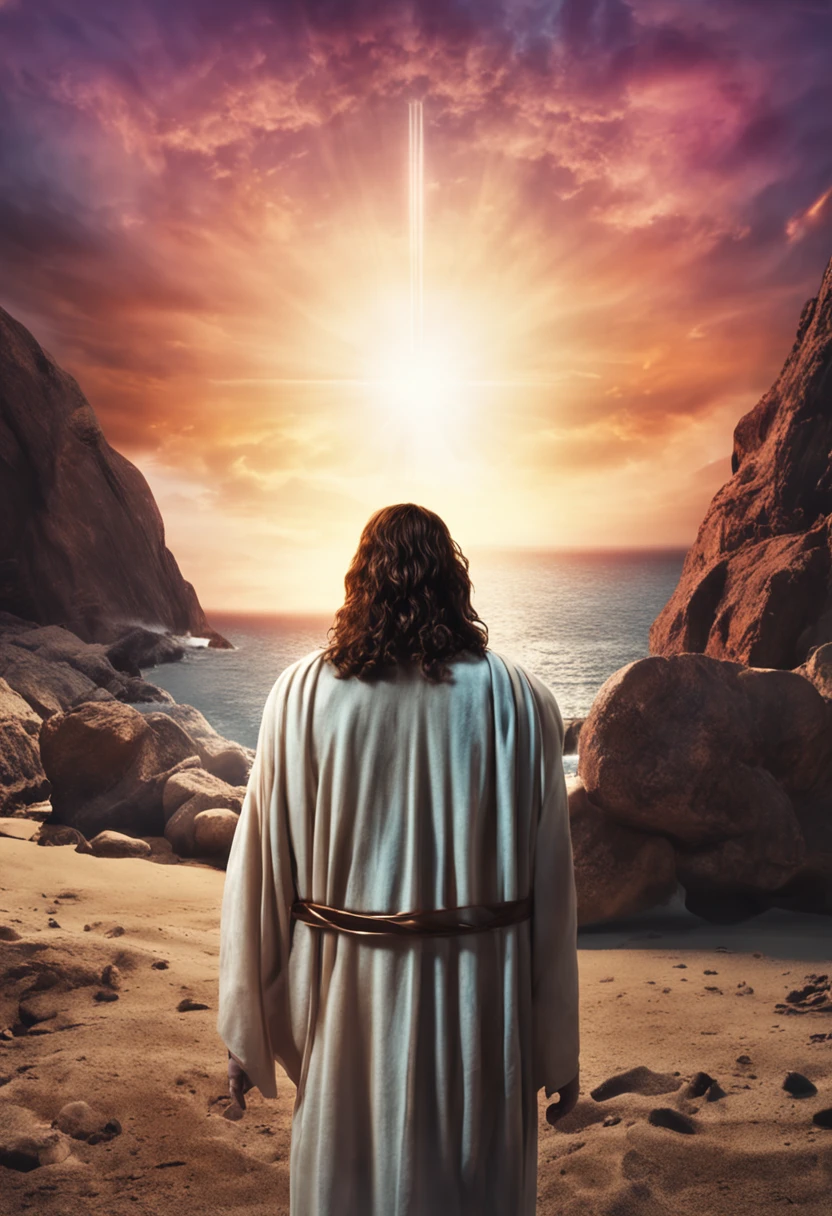 Jesus Christ facing the camera with a halo and the sea in the background