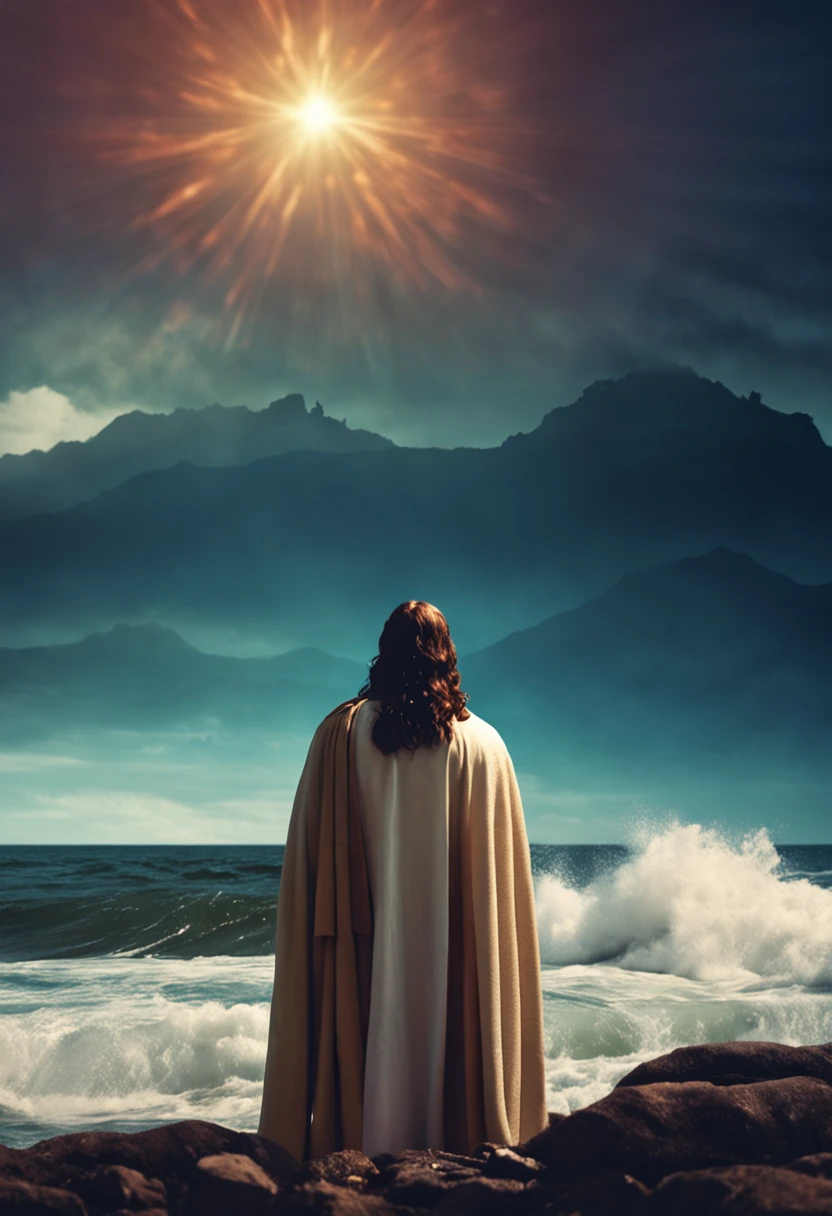 Jesus Christ facing the camera with a halo and the sea in the background