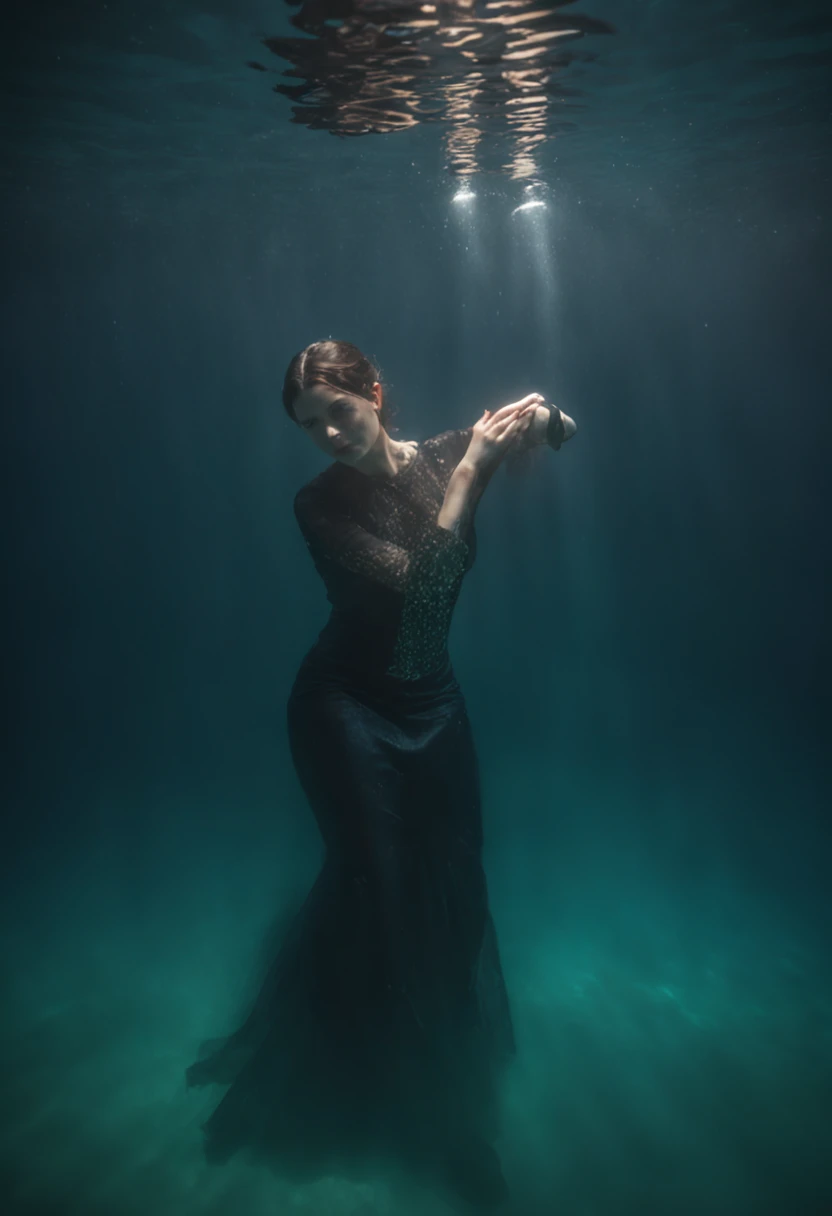surreal, underwater portrait of Batman. The distortions of the water and the play of light create a dreamlike and otherworldly atmosphere, capturing a moment of serene beauty, portrait photography