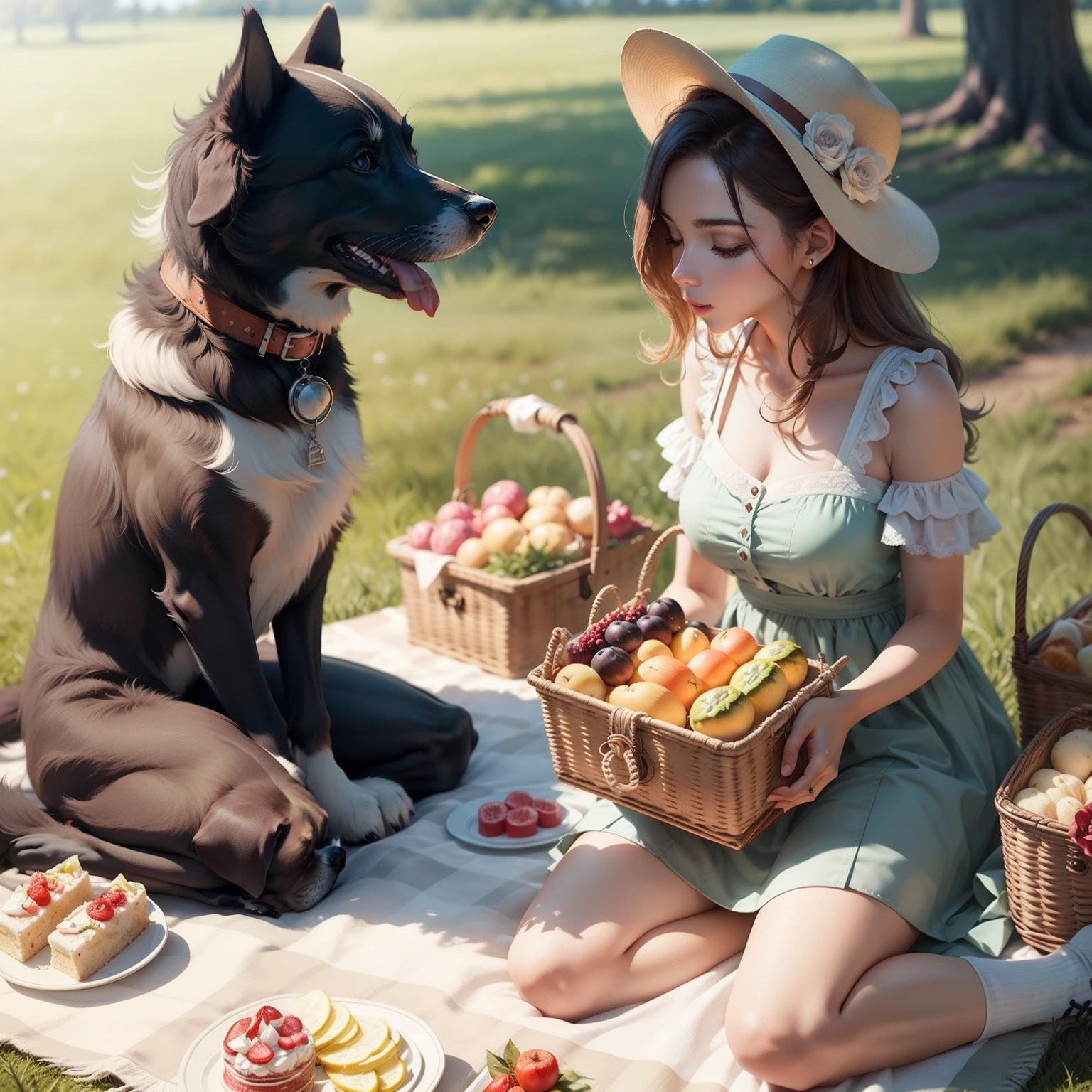 Aesthetic，Three，femele，Pure，having picnic，dog，vitality