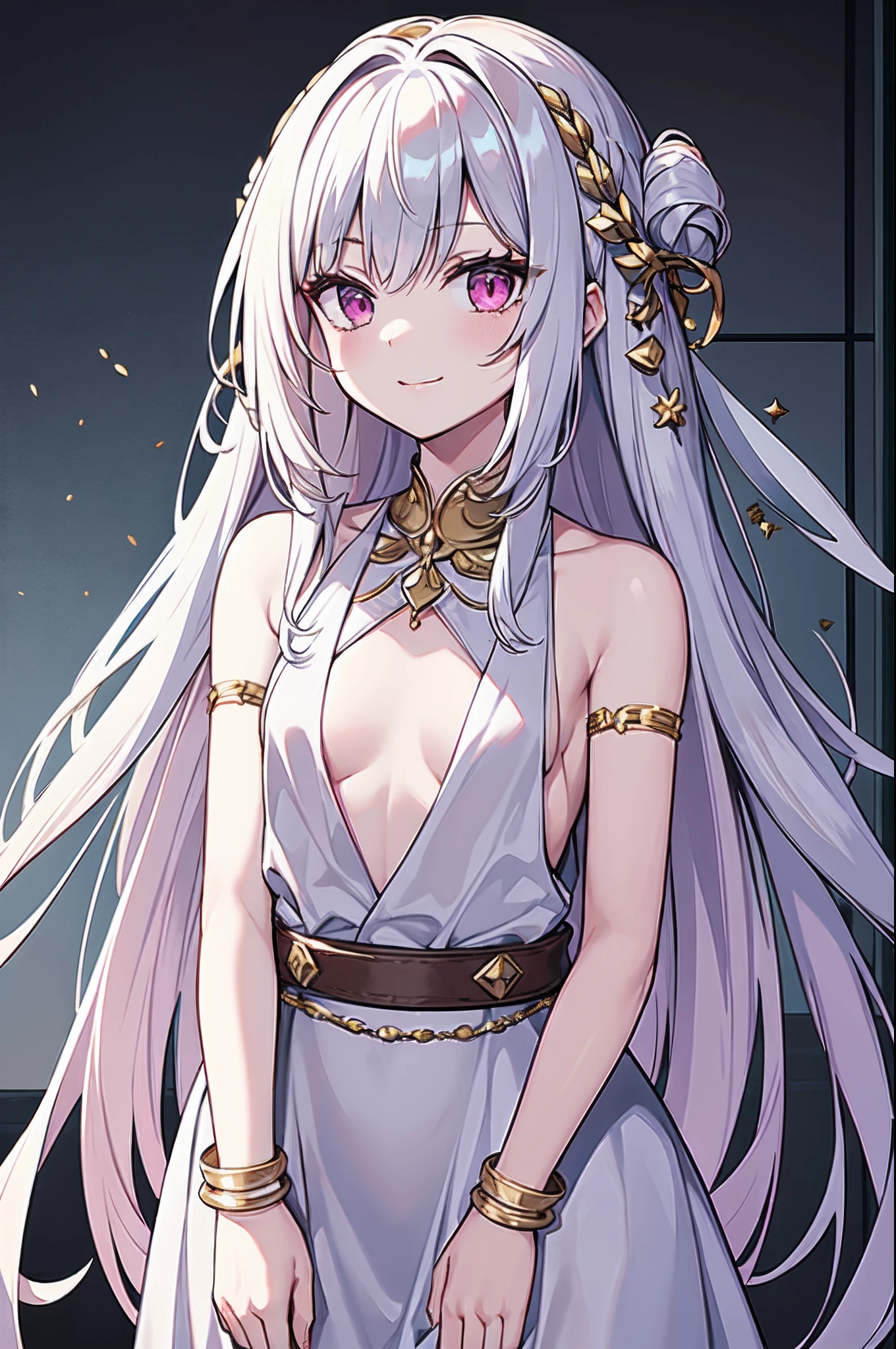 masterpiece, best quality, 16k, 1girl, solo, long hair, light hair, wavy hair, platinum hair, hair bangs, petite, (small breasts:1.1), rating:safe, pink eyes, hair between eyes, evil smile, wearing a peplos, ancient greek dress, gold bracelets, arms behind back, head tilt, evil queen, royalty, goddess, majestic, winter, winter forest, face only, upper body