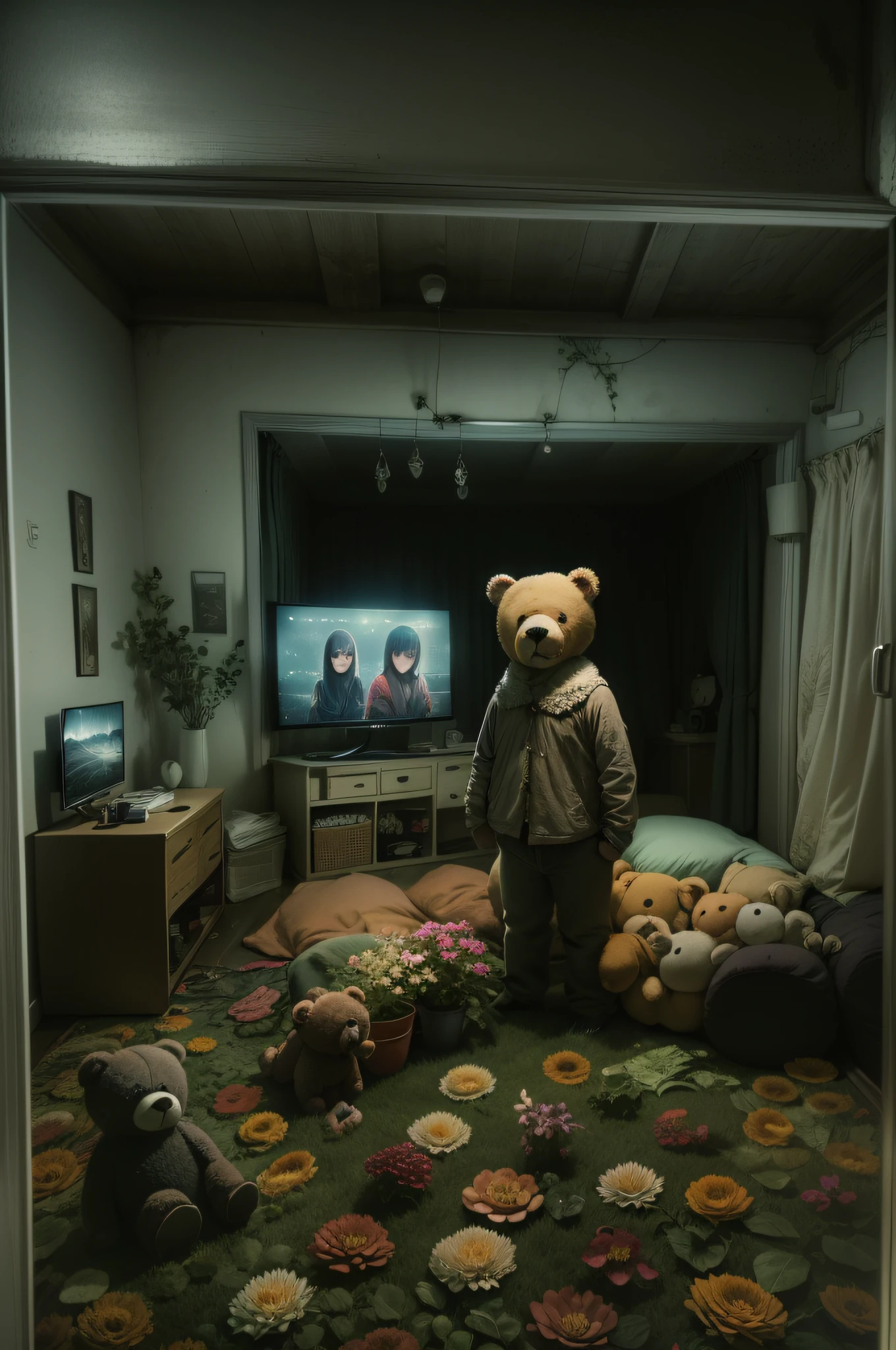 ((deep in the night、mid night、early dawn、In a dream、Images in a dream))、((big room、Flower garden in the room、Stuffed bear in the middle、TV on))、Nostalgic but unsettling photos、Images in a dream、image、horor、Pretty dark image、Grainy photo、Film Touch、color photograph、, Wide Shot, ultra wide-angle,