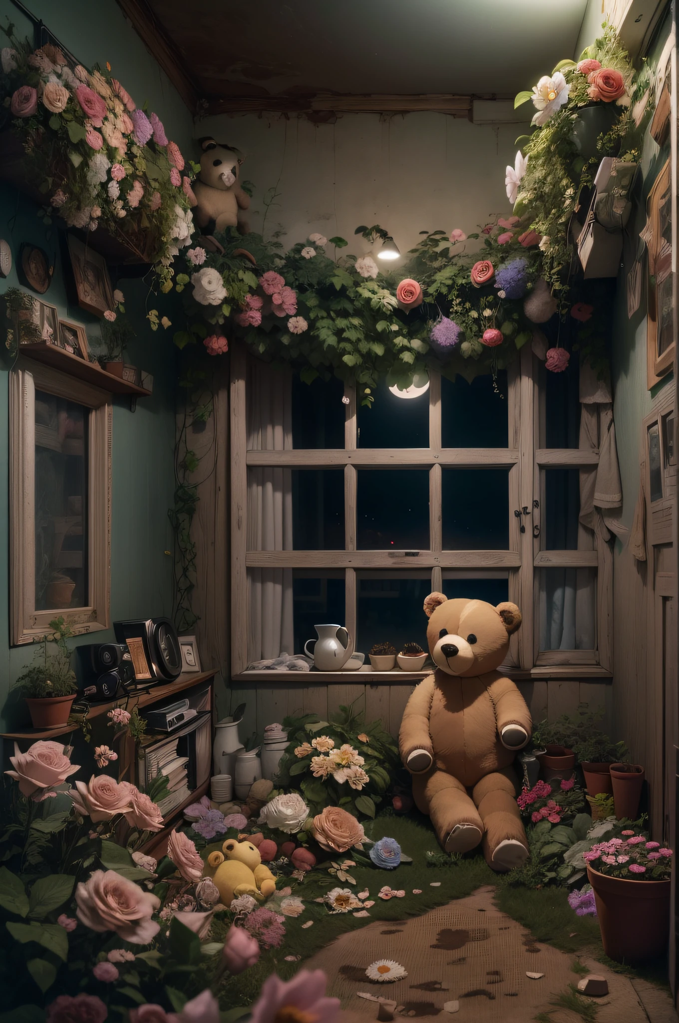 ((deep in the night、mid night、early dawn、In a dream、Images in a dream))、((big room、Flower garden in the room、Stuffed bear in the middle、TV on))、Nostalgic but unsettling photos、Images in a dream、image、horor、Pretty dark image、Grainy photo、Film Touch、color photograph、, Wide Shot, ultra wide-angle,