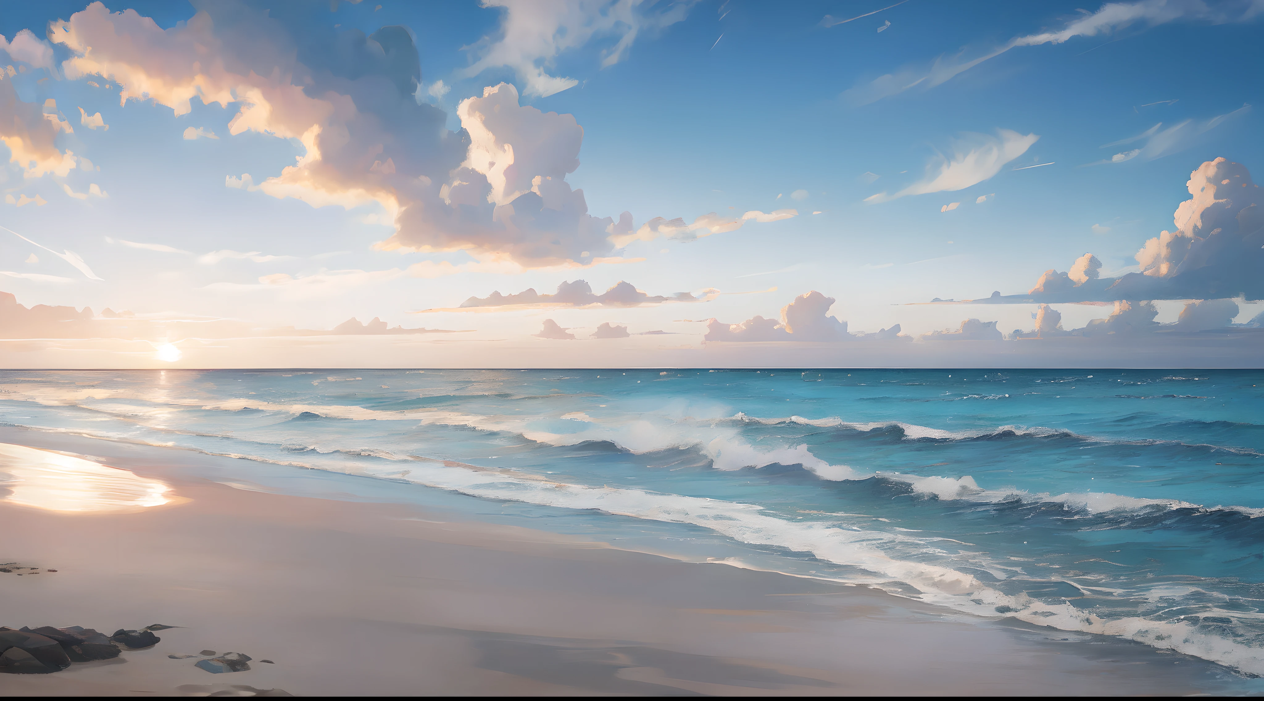 Extremely realistic，hentail realism，Hasselblad photograp，expansive view，The evening breeze gently blows Penghu Bay，The waves chase the beach，A slice of sea blue，