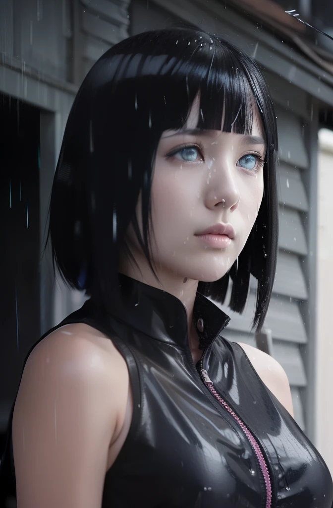 Hinata hyuga A woman standing in the alley. At night. In the rain. She was seen wearing a sleeveless black shirt. The dress looked so tight that her breasts would trace. She had short blue hair. Unraveling not tied down. With bangs in front. He had a white as snow. With rosy cheeks and pink lips. He looked straight ahead. With a body wet in the rain. She's so pretty and realistic