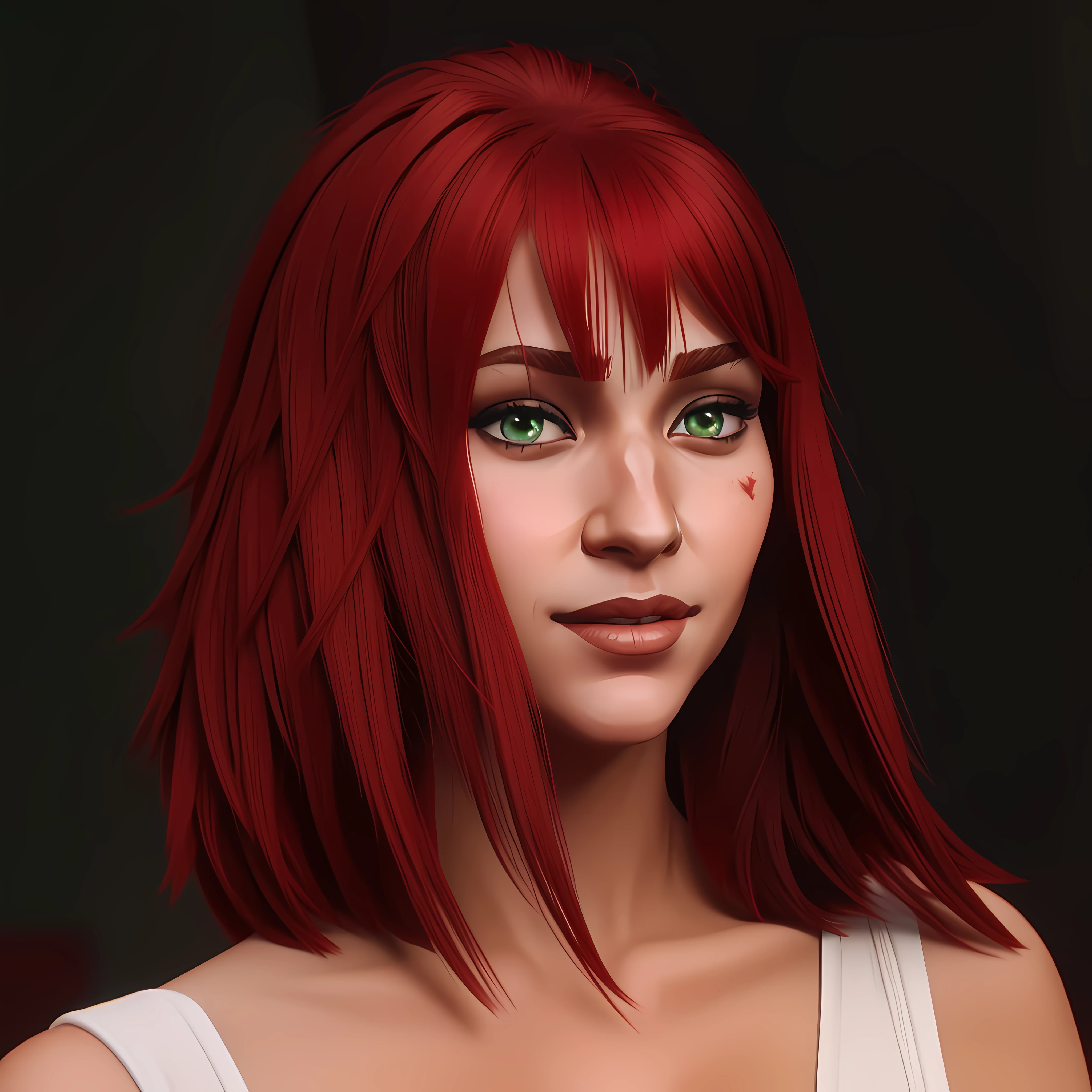 close up of a woman with red fringe hair,beautiful wide open green eyes,looking at viewer,smirk,full lips,cute nose,beautiful face,clean face
