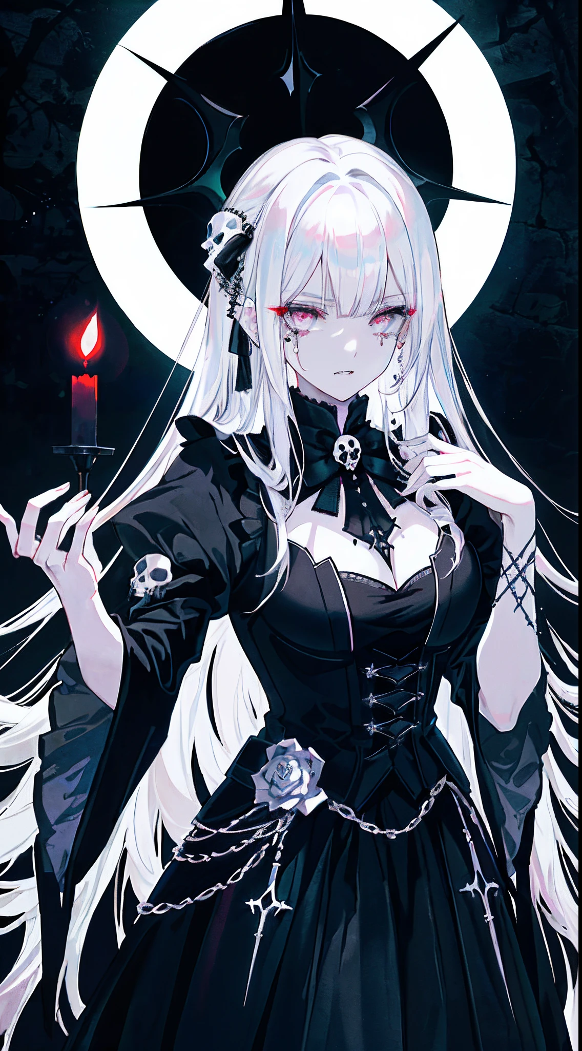 （tmasterpiece，best qualtiy）， 独奏，A white-haired woman holds a candle，anime skull portrait woman,beautiful necromancer girl，beautiful girl necromancer，，Smoky, Flowing white hair，Harsh eyes，paleskin，black eyeshadows，Black blood and tears，Two fangs are exposed，Gothic shoujo anime characters，beautiful necromancer，gothic fantasy art，dark fantasy style art, White-haired god,Retrato de um necromante feminino，necromante feminino，goddess of death，dark moody lighting，with light glowing，mistic，magical，edge lit