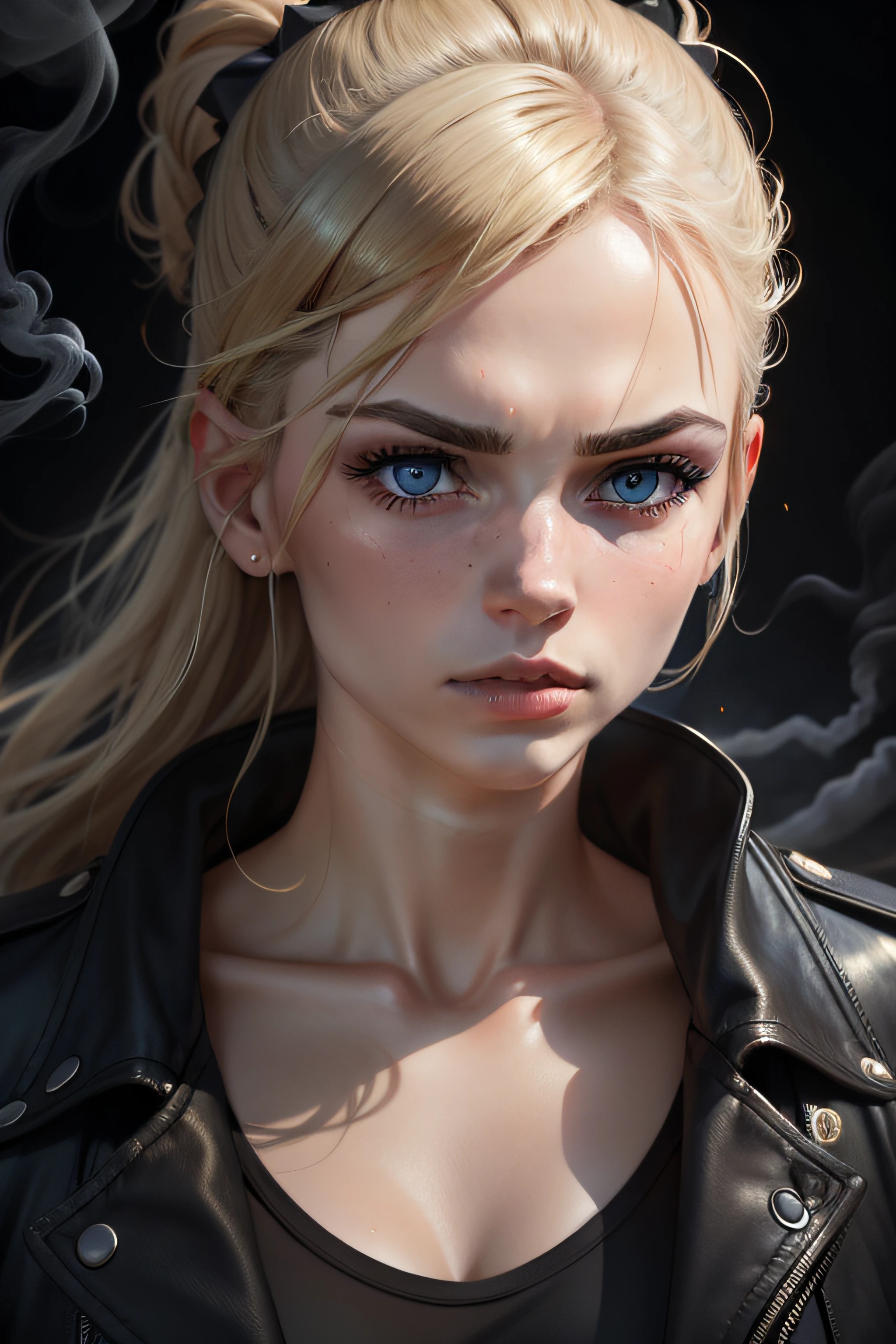 A striking, close-up painting of a blonde woman's blue-grey eye, rendered with astonishing realism and detail. The eye is wide open, brimming with fear, and has a solitary tear tracing a path down her cheek. Reflected in the depths of the pupil is a baseball bat, casting a mysterious and unsettling shadow. The surrounding area is a blend of makeup and potential evidence of violence, blurring the lines of reality. The overall mood of the painting is dramatic and evocative, blending realism with abstraction. Bold brushstrokes, dramatic lighting, and a rich earthy color palette accented with a dash of red create a powerful, emotional impact that captures the viewer's attention.