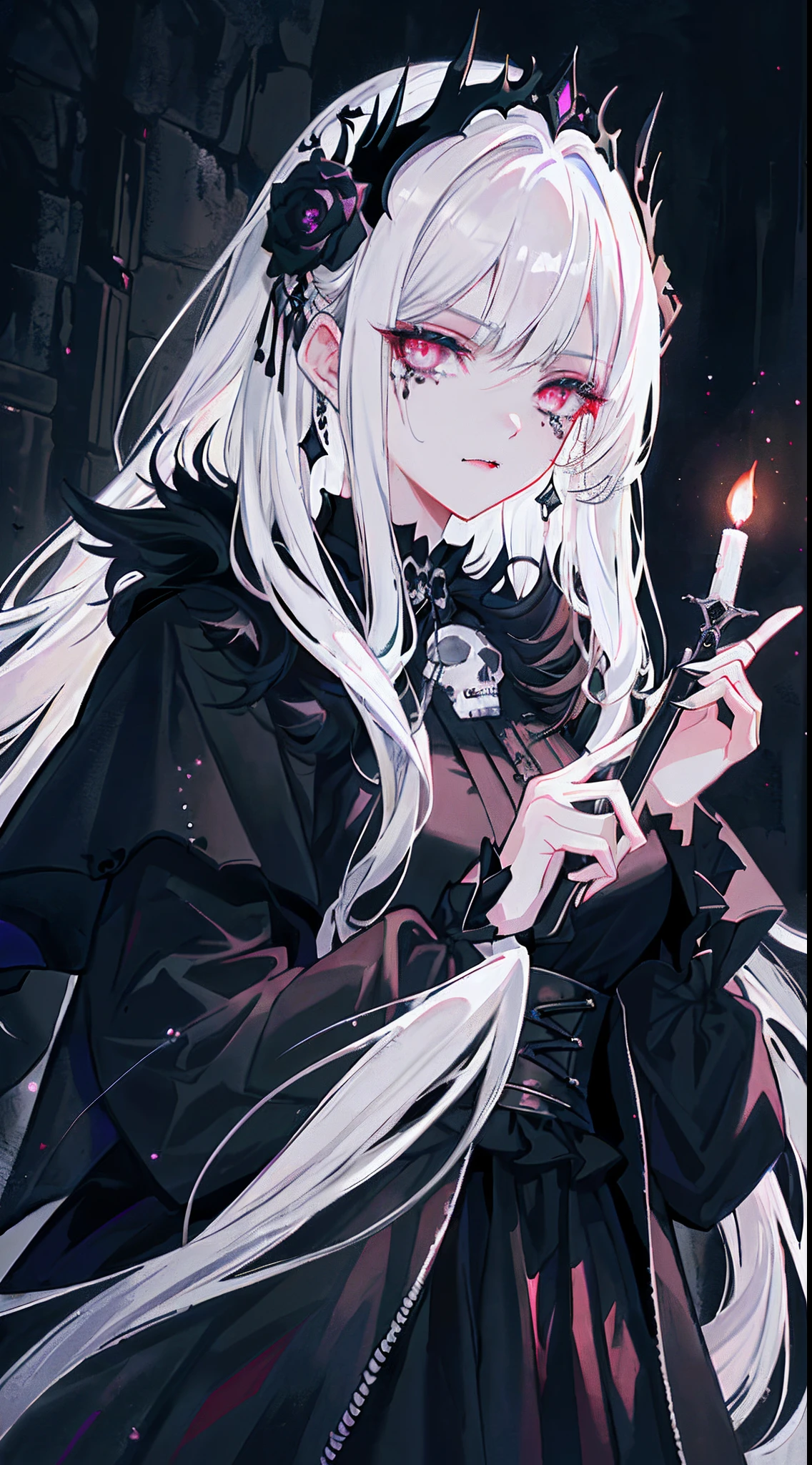 （tmasterpiece，best qualtiy）， 独奏，A white-haired woman holds a candle，anime skull portrait woman,beautiful necromancer girl，beautiful girl necromancer，，Smoky, Flowing white hair，Harsh eyes，paleskin，black eyeshadows，Black blood and tears，Two fangs are exposed，Gothic shoujo anime characters，beautiful necromancer，gothic fantasy art，dark fantasy style art, White-haired god,Retrato de um necromante feminino，necromante feminino，goddess of death，dark moody lighting，with light glowing，mistic，magical，edge lit