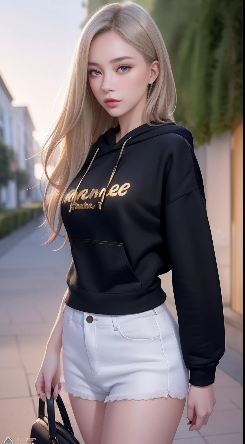 (masterpiece:1.2, best quality), (finely detailed beautiful eyes: 1.2), solo focus, (extremely detailed CG unity 8k wallpaper, masterpiece, best quality, ultra-detailed, best shadow), (detailed background), (beautiful detailed face, beautiful detailed eyes) , 1girl, noona, 1girl, solo, large breasts, (oversized hoodie:1.4), jeans, white shirt, holding handbag, High contrast, beautiful sexy woman, adult, (best illumination, an extremely delicate and beautiful),(simple backround, outdoors), looking at viewer,beautiful detailed glow,