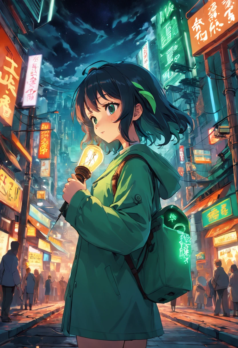 Um eletricista,with a lamp in hand, na montanha verde,in high resolution
