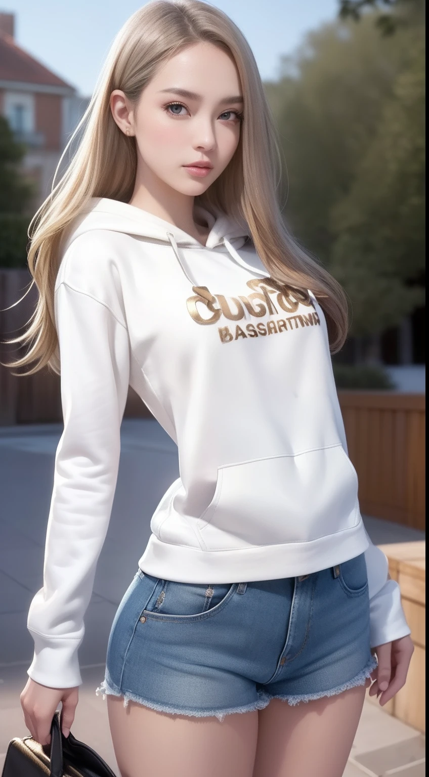 (masterpiece:1.2, best quality), (finely detailed beautiful eyes: 1.2), solo focus,   (extremely detailed CG unity 8k wallpaper, masterpiece, best quality, ultra-detailed, best shadow), (detailed background), (beautiful detailed face, beautiful detailed eyes) , 1girl, noona, 1girl, solo, large breasts, (oversized hoodie:1.4), jeans,  white shirt, holding handbag, High contrast, beautiful sexy woman, adult, (best illumination, an extremely delicate and beautiful),(simple backround, outdoors), looking at viewer,beautiful detailed glow,
