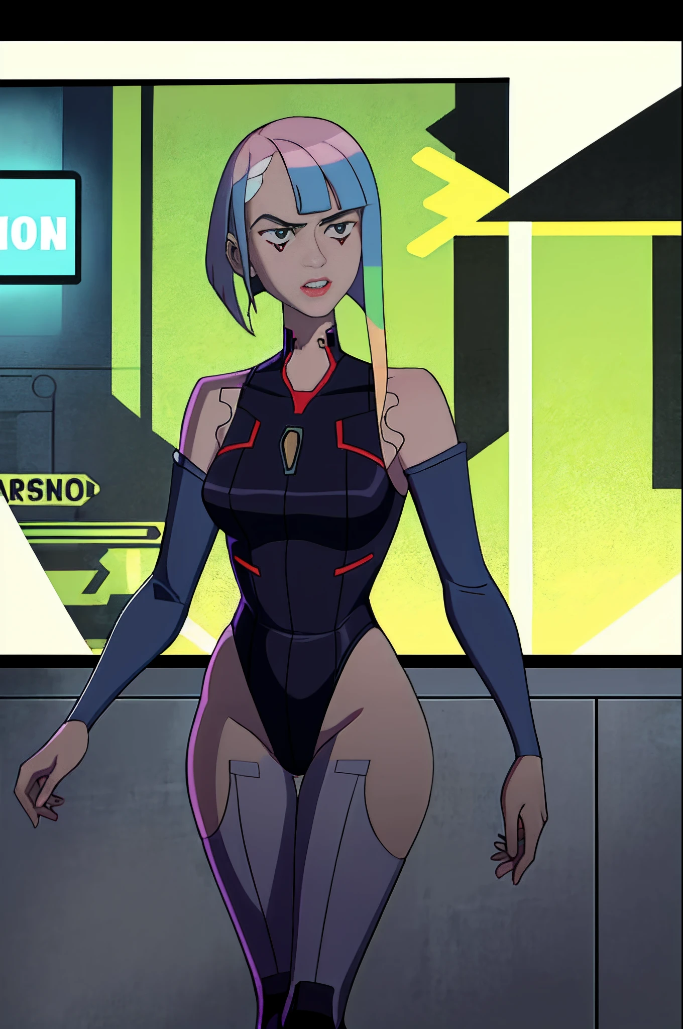 masterpiece, best quality, highres, lu1, cyborg, multicolored hair, makeup, bare shoulders, black leotard, highleg leotard, thong, cyberpunk, train, walking, cowboy shot, (in ben10af style:1.2)