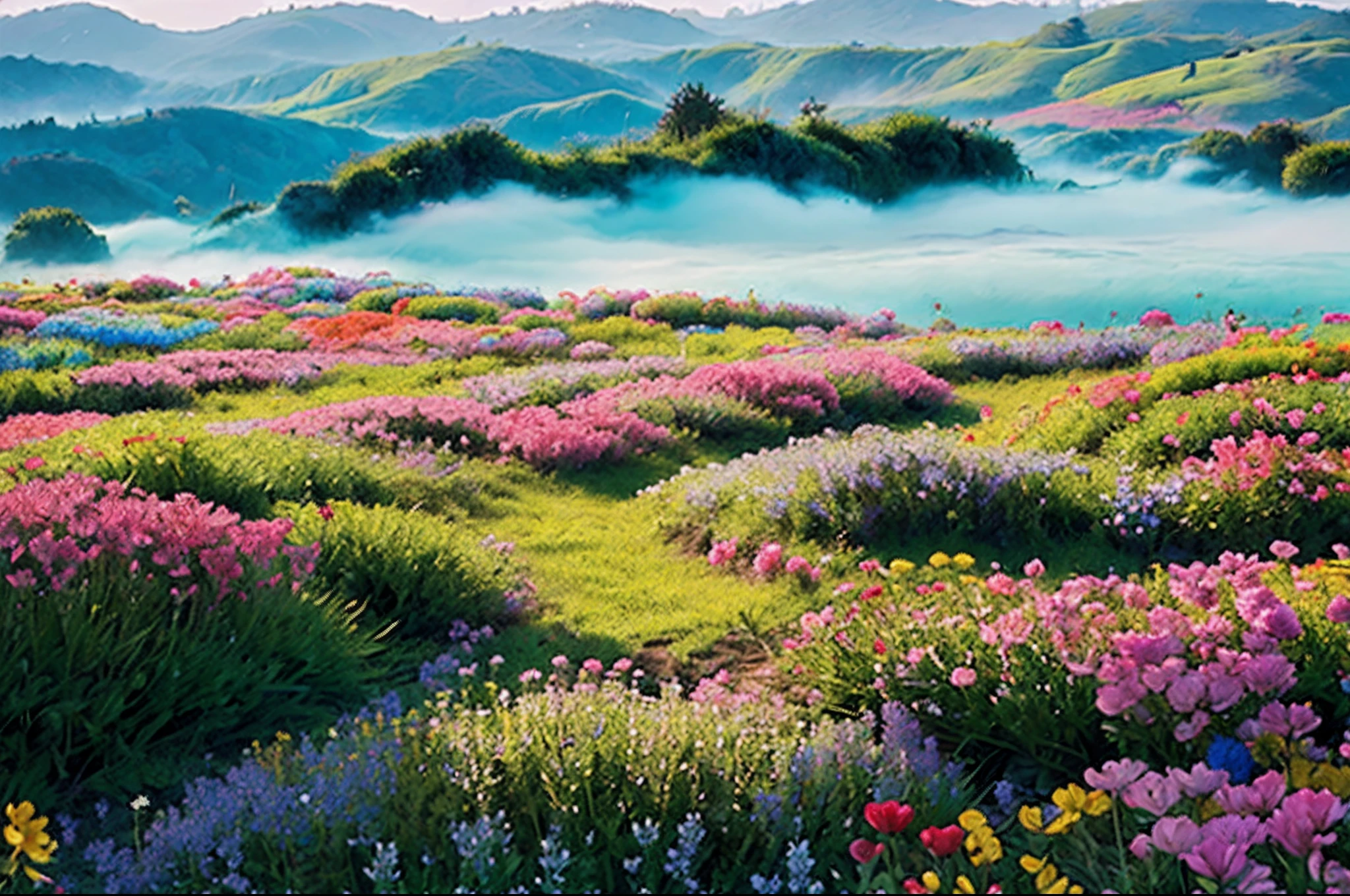 obra-prima, (Detailed description)+, (melhor qualidade)+,(estilo monet)+,Campina iluminada por luz da primavera,paisagem de sonhos,colorful and bright flowers as made of mist,long country and rustic paths,region bathed in clarity,view of the sky in the background