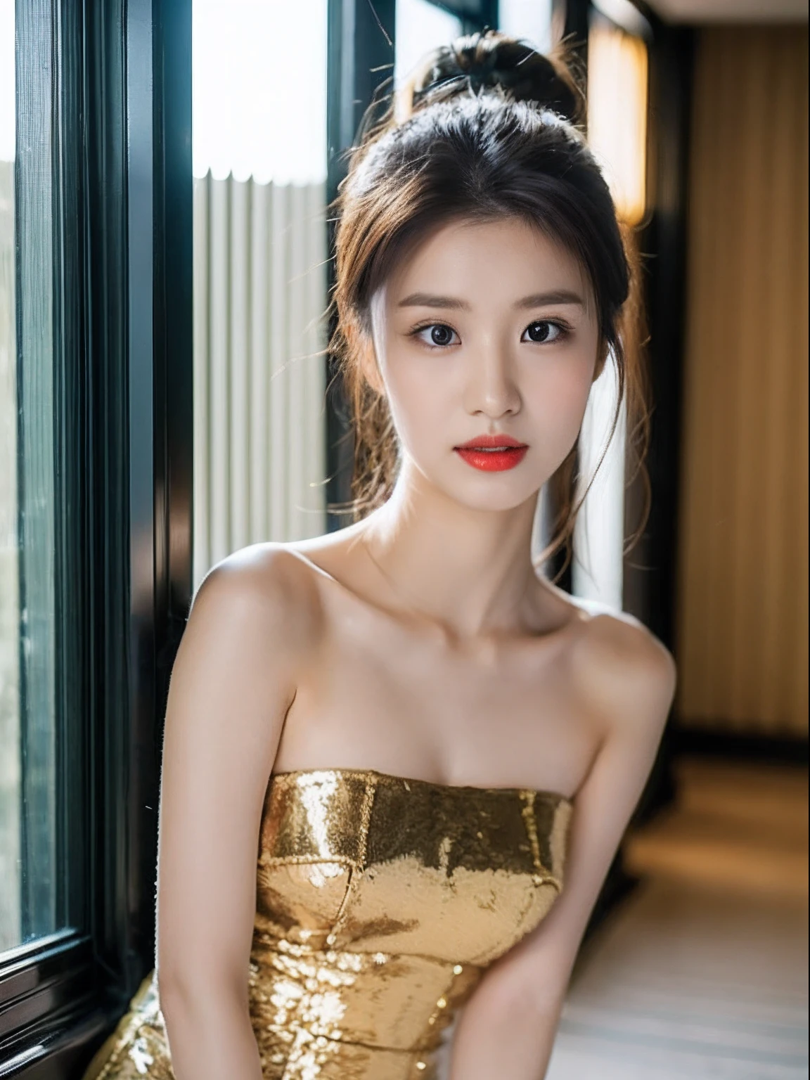 A woman of beauty in a fantastic space, Tight micro dress white and gold color, 98k, {{Masterpiece}}, Best quality, High quality:1.4), {{[[front look}}, eye_contact, a variety of poses)]], very pretty look face, and very pretty eyes, cute images, cute images, {{full bodyesbian}}, {{{{{{{{Long legs}}}}}}}}, {{{{slim sexy body}}}}, {{{{{{Tall woman}}}}}}, {{177 cm tall}}, Solo, Beautiful, Lovely, Adorable, Pale skin, {{Chinese girl from 18 to 22 years old}}, Looks beautiful Chinese girl with black eyes with brown hair color or black hair), Young girl in Sichuan, China, {{{{{{{{{{full bodyesbian}}}}}}}}}}, {{{{{{{{{{High_Heels}}}}}}}}}},