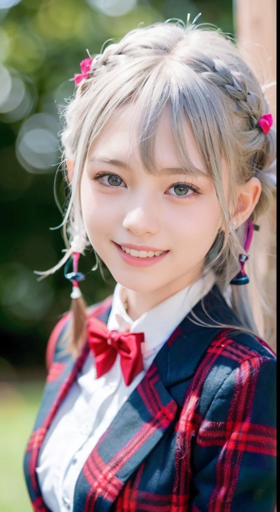 (ultra-detailliert), Tartan check jacket,high-school uniform、Blue eyes,The upper part of the body、a closeup、faces、(A smile:1.5),(facing front:1.2), 20yr old, s girl,no tail,(no tail),2D, ​masterpiece, top-quality, animesque, A detailed eye, A detailed face, girl with, Only 1 person,Silver medium hair, (Silvery head hair),  Ear Hair, small tits, Single braid, (Single braid), (Side braid), Pink ribbon, Ribbon around the neck, Background bokeh