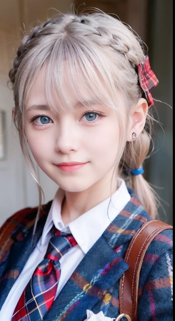 (ultra-detailliert), Tartan check jacket,high-school uniform、Blue eyes,The upper part of the body、a closeup、faces、(A smile:1.5),(facing front:1.2), 20yr old, s girl,no tail,(no tail),2D, ​masterpiece, top-quality, animesque, A detailed eye, A detailed face, girl with, Only 1 person,Silver medium hair, (Silvery head hair),  Ear Hair, small tits, Single braid, (Single braid), (Side braid), Pink ribbon, Ribbon around the neck, Background bokeh
