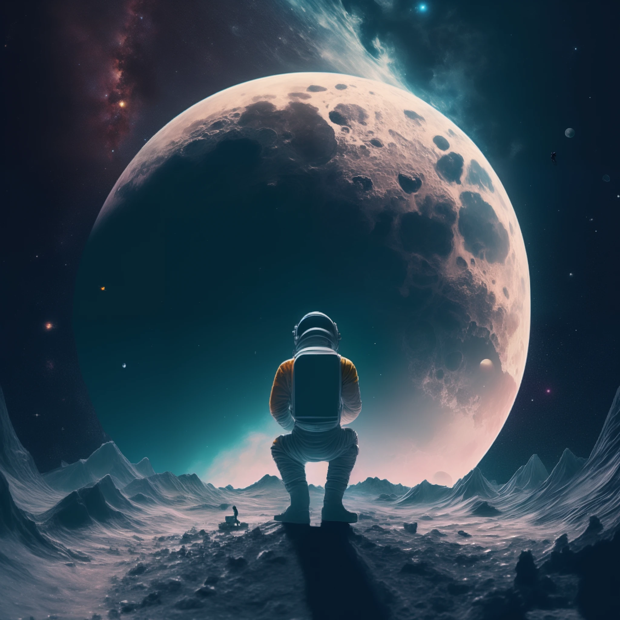 astronauta sentado em uma rocha olhando para a lua, lonely astronaut, sentado em uma lua, arte do bipe, bipe |, por bipe, Obra-prima Beeple, Beeple e Tim Hildebrandt, realismo | bipe, 3 d render bipe, Artgem e Beeple Masterpiece, arte do bipe