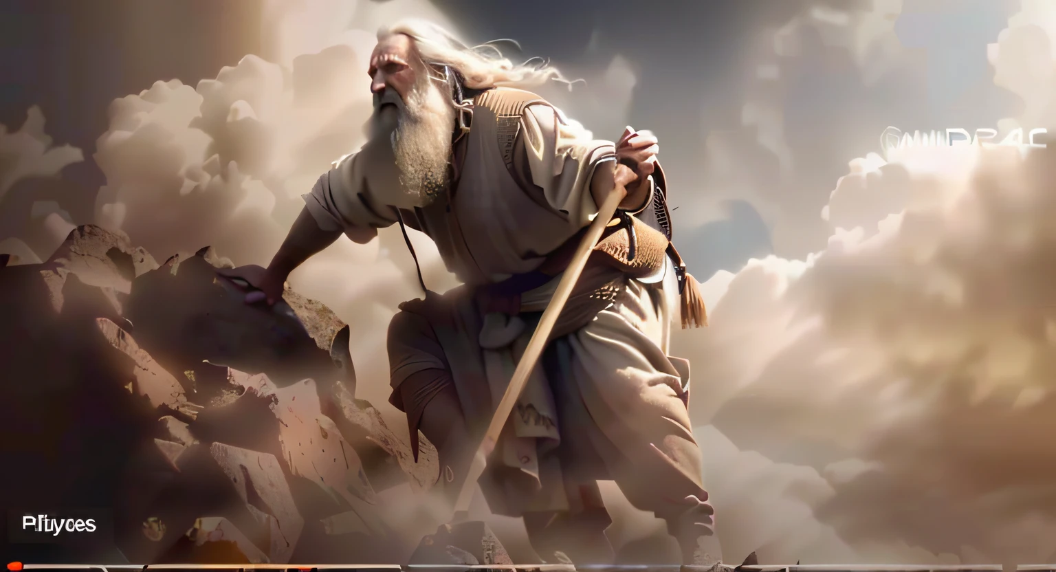 um close up de um homem com um pau nas nuvens, biblical epic movie, moses, 2 0 2 1 cinematic 4 k framegrab, Efeitos visuais impressionantes, unreal engine 5 render dramatic, Hora do Pai, O Deus da Aveia, ainda de um filme de fantasia, Unreal Engine 5 altamente renderizado, great composition cinematic, trending on unreal engine 5, incredible vfx, epic biblical representation