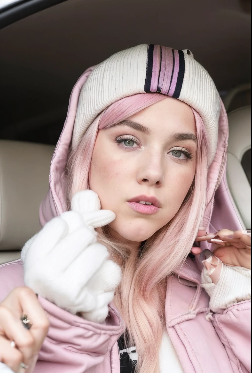 blonde woman in a car with a hat and a jacket, pink hair ava max, giving the middle finger, kailee mandel, in a hoodie, profile pic, middle finger, violet myers, thicc, alexa grace, her hair is white, sits on a finger, without makeup, she has a cute face, florence pugh, inspired by Ion Andreescu