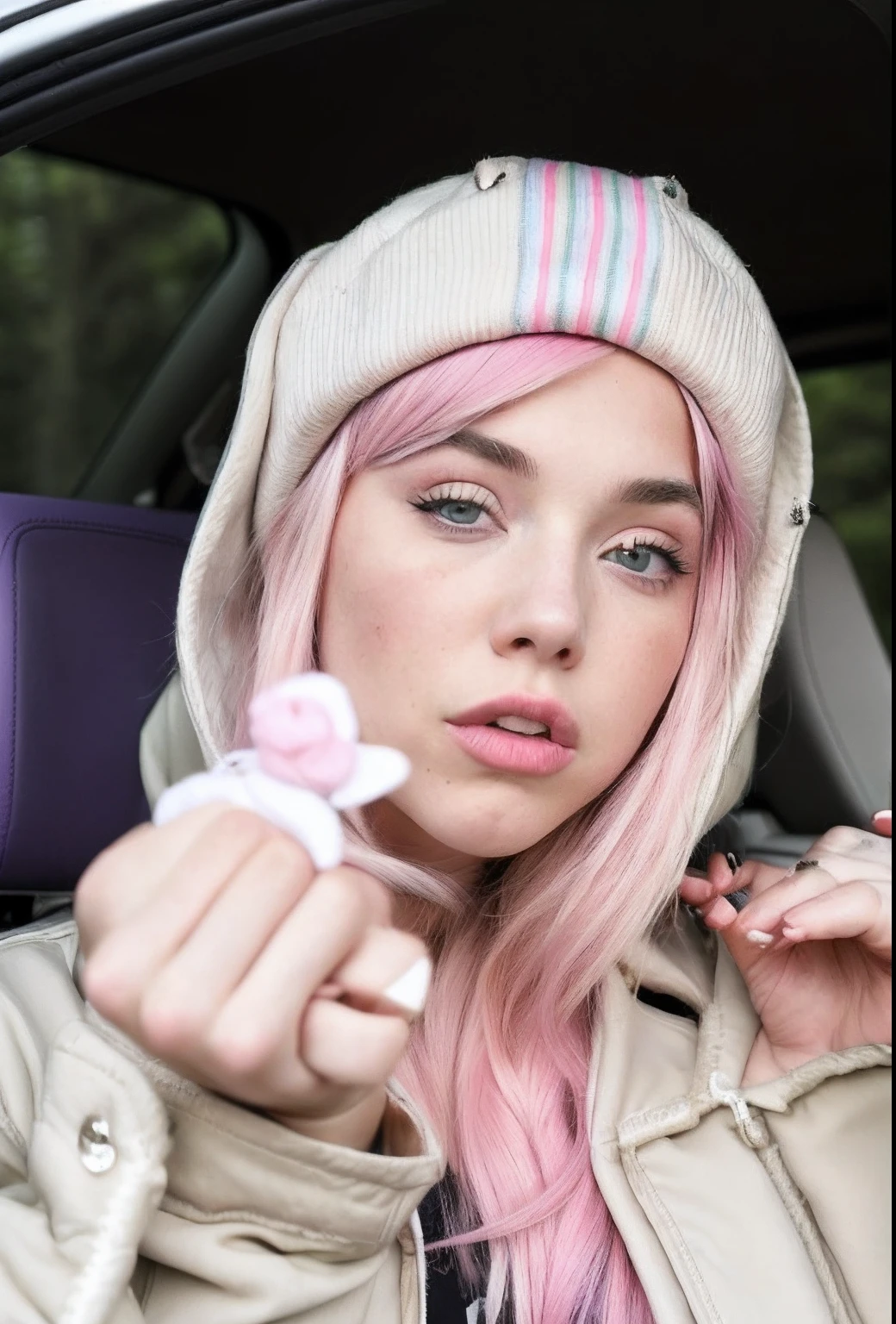blonde woman in a car with a hat and a jacket, pink hair ava max, giving the middle finger, kailee mandel, in a hoodie, profile pic, middle finger, violet myers, thicc, alexa grace, her hair is white, sits on a finger, without makeup, she has a cute face, florence pugh, inspired by Ion Andreescu